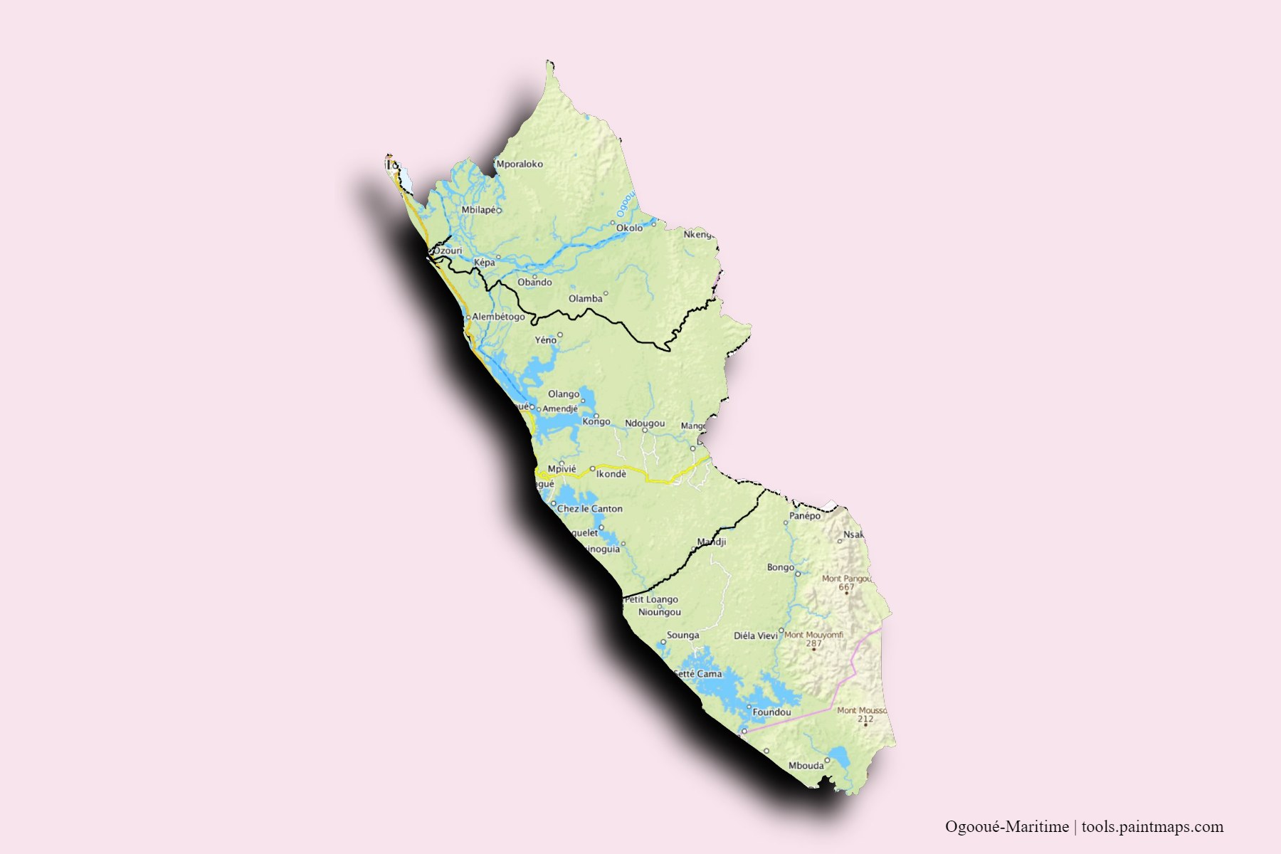 Ogooué-Maritime Province and counties map with 3D shadow effect