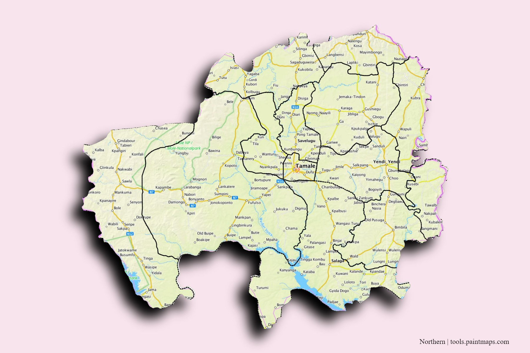 Mapa de Northern y sus distritos con efecto de sombra 3D