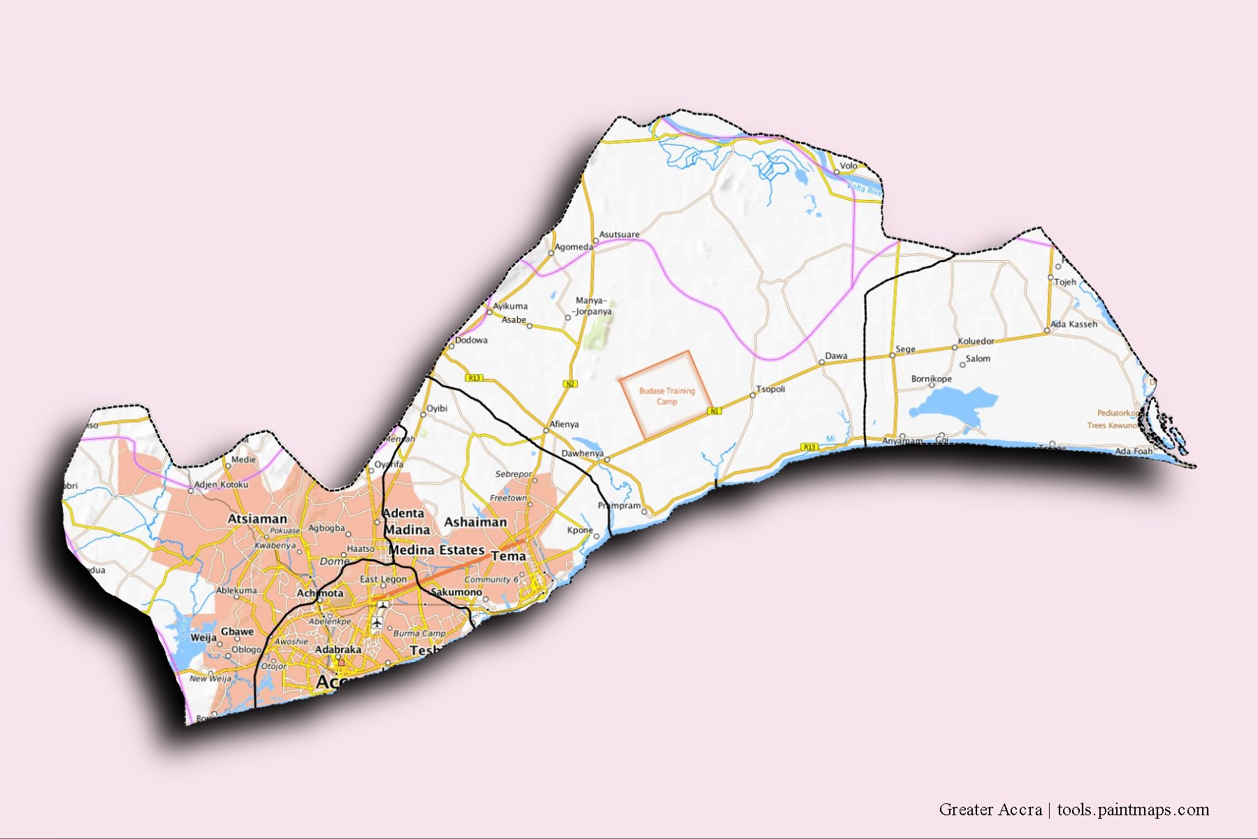 Greater Accra and counties map with 3D shadow effect