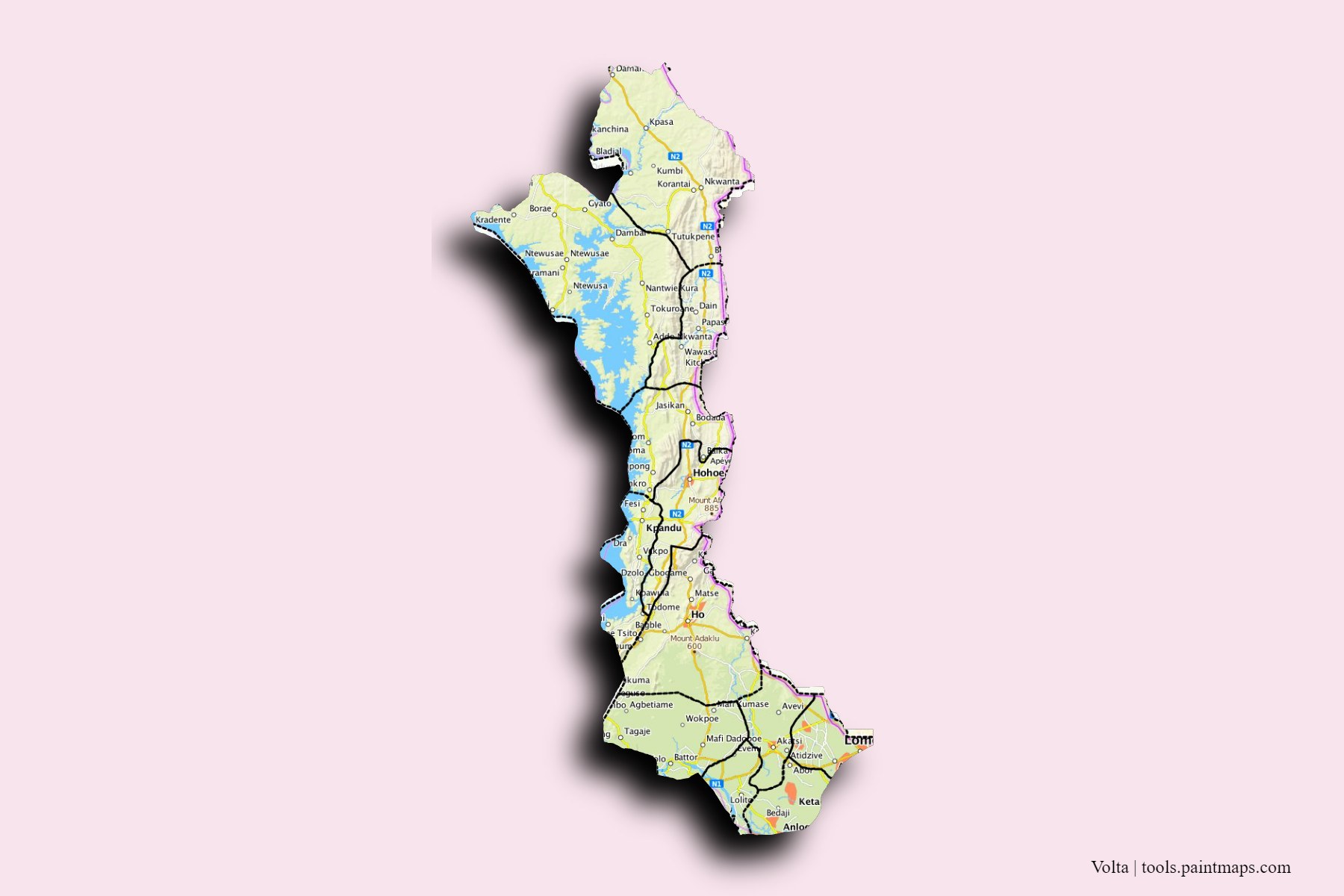 3D gölge efektli Volta Bölgesi ve ilçeleri haritası