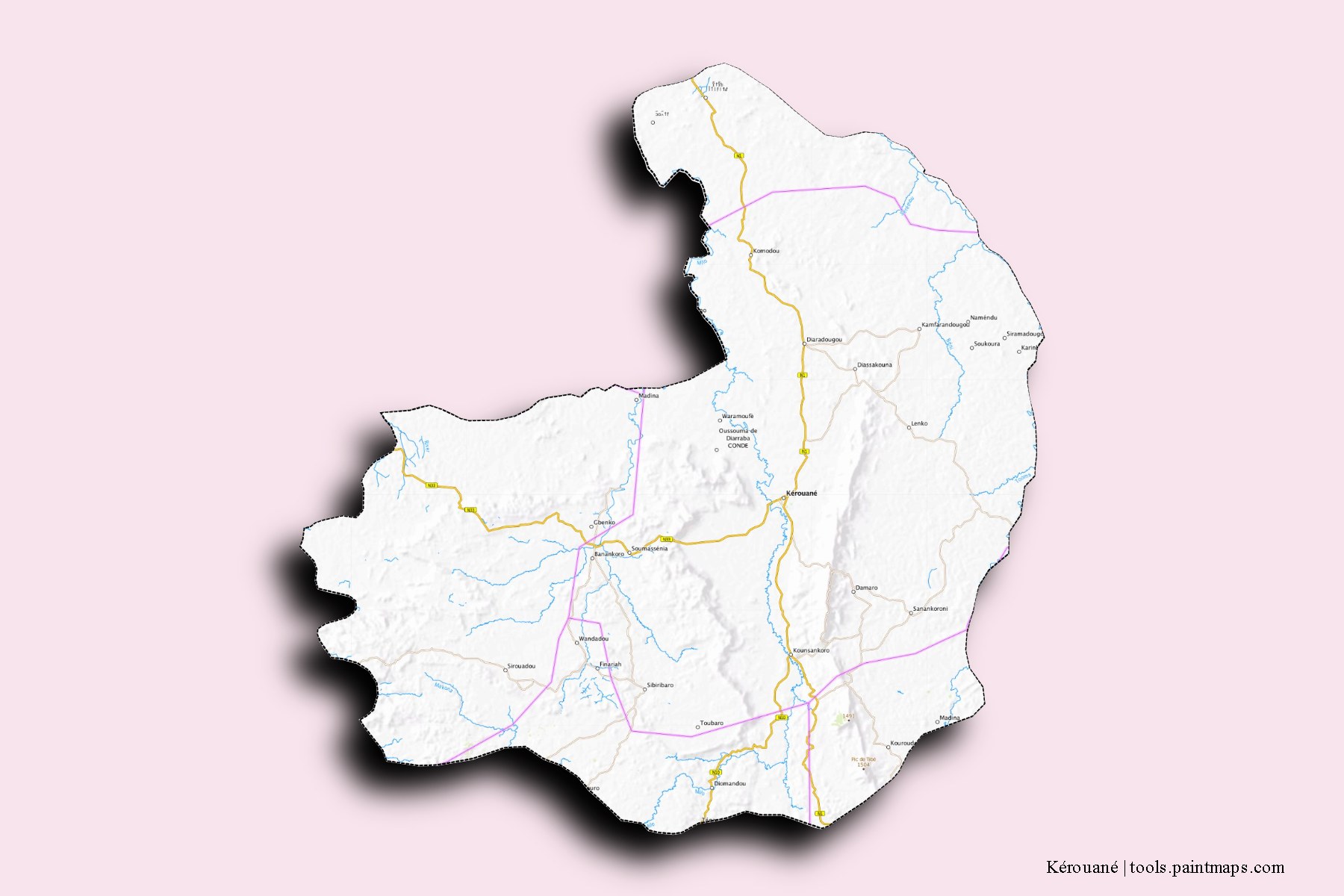 Kérouané and counties map with 3D shadow effect