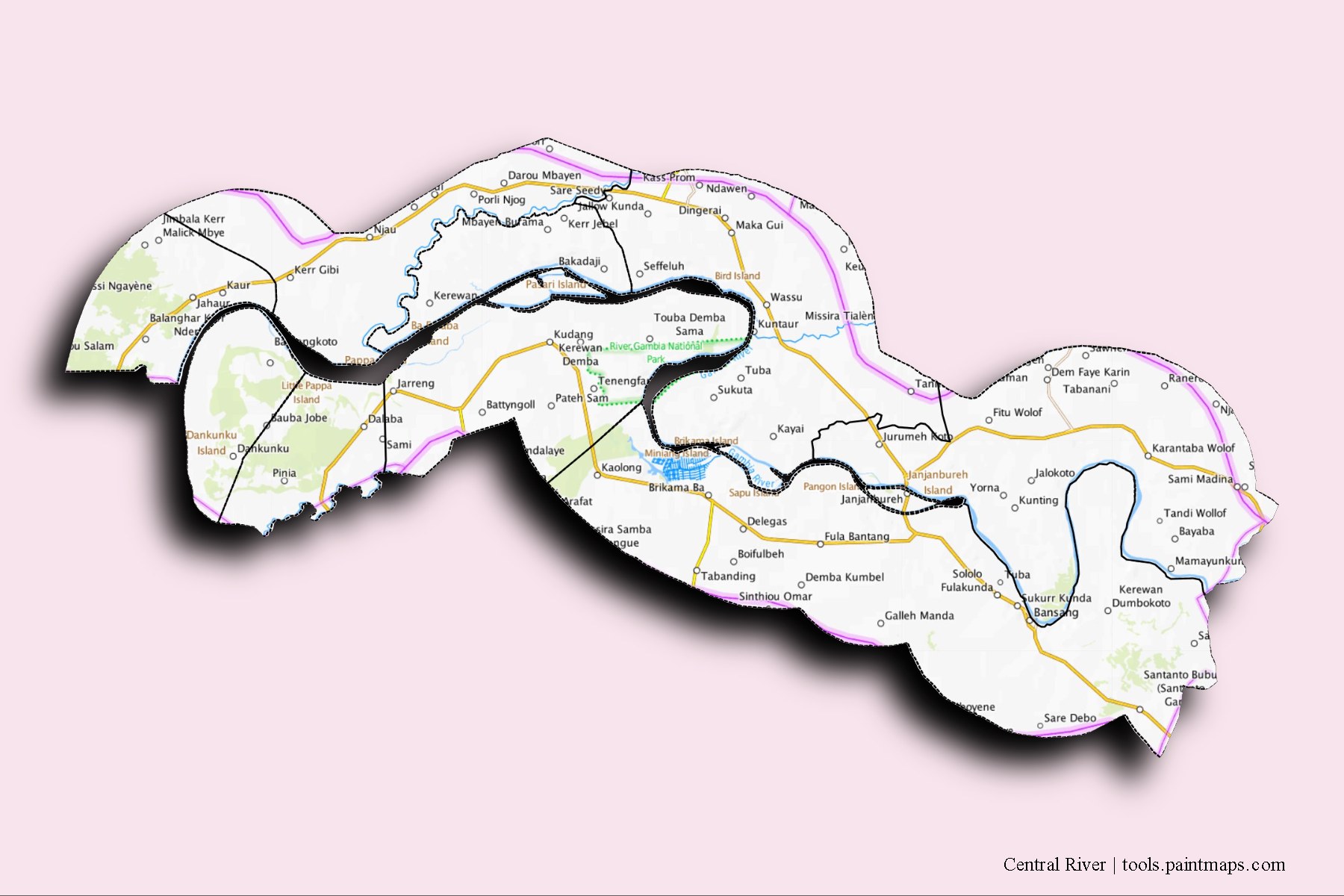 Mapa de Central River y sus distritos con efecto de sombra 3D