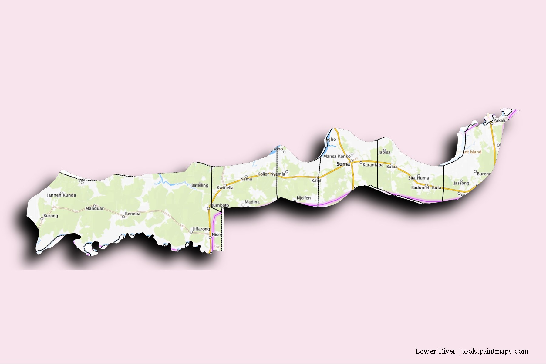 Lower River and counties map with 3D shadow effect