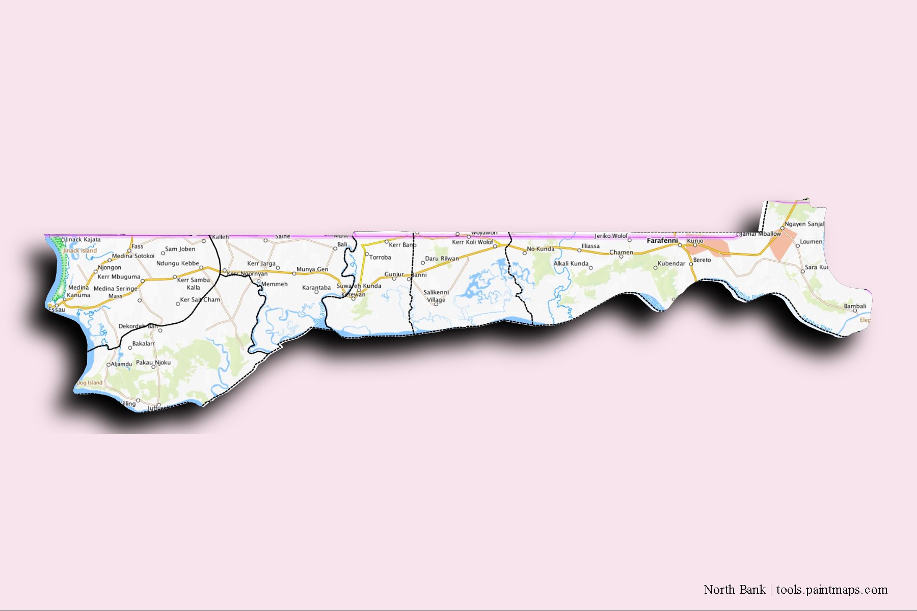 North Bank and counties map with 3D shadow effect