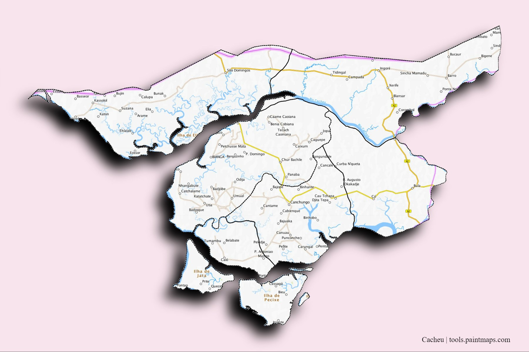 Mapa de Cacheu y sus distritos con efecto de sombra 3D