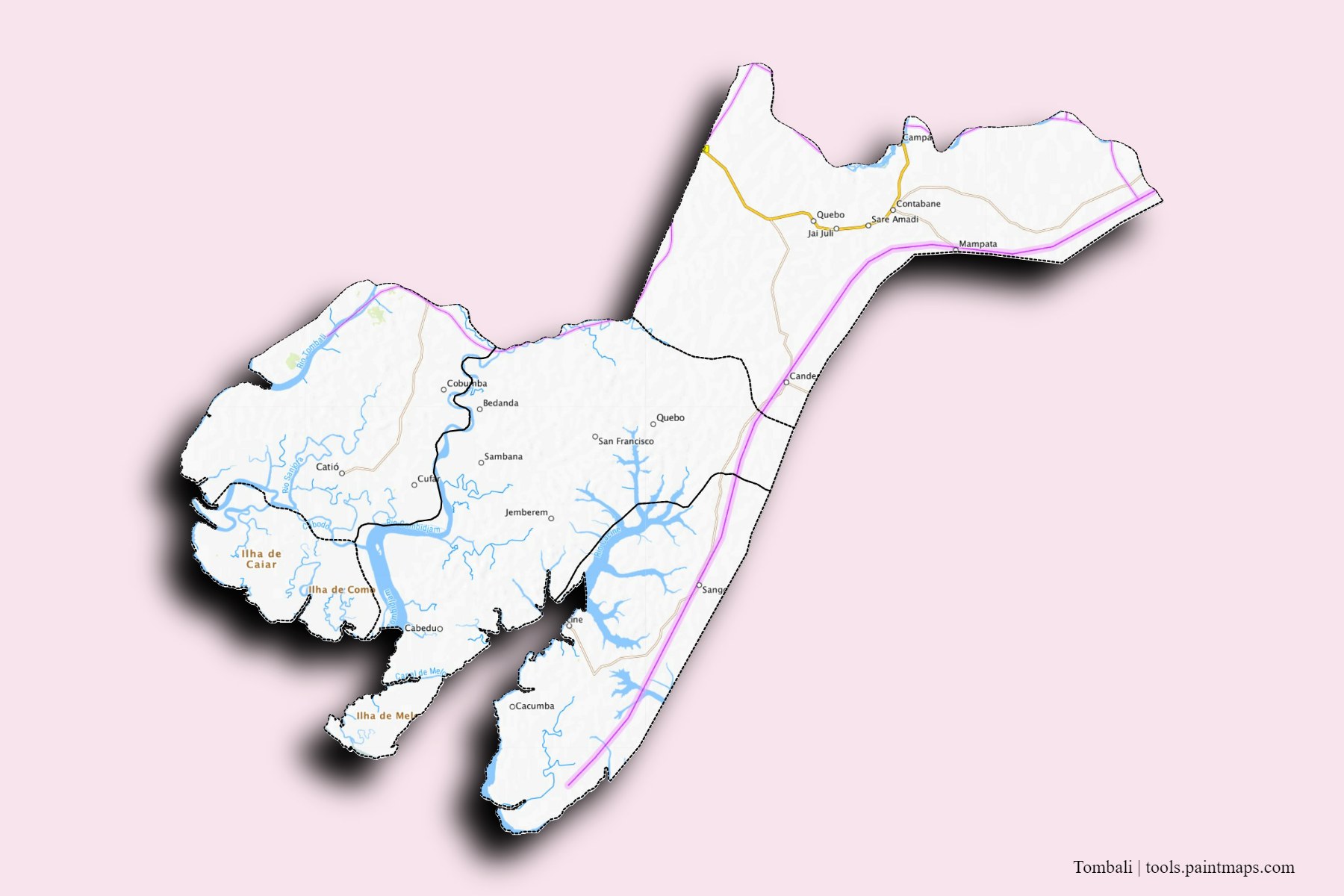 Tombali and counties map with 3D shadow effect