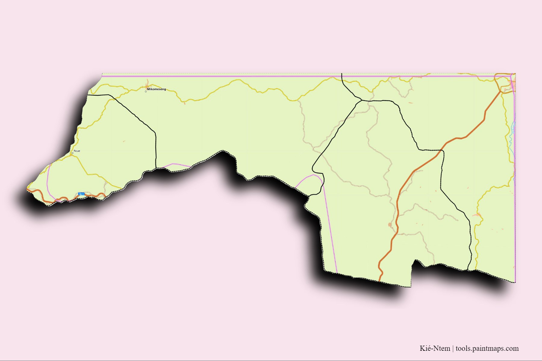 Kié-Ntem Province and counties map with 3D shadow effect