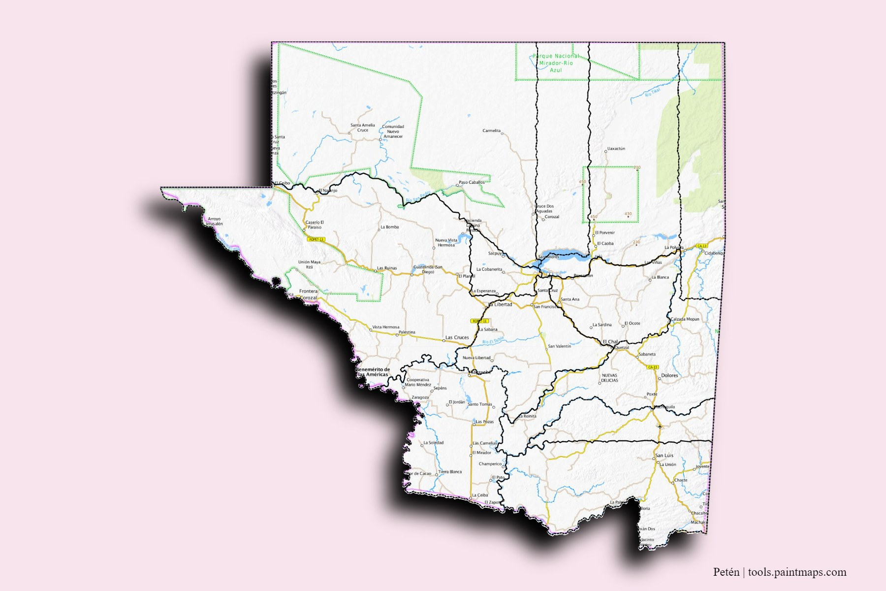 Mapa de Petén y sus distritos con efecto de sombra 3D