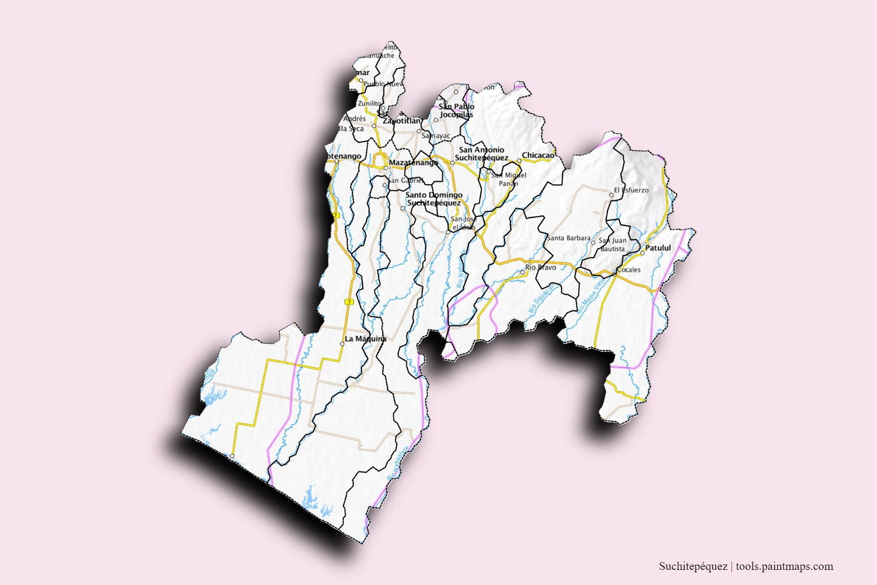 Mapa de Suchitepéquez y sus distritos con efecto de sombra 3D
