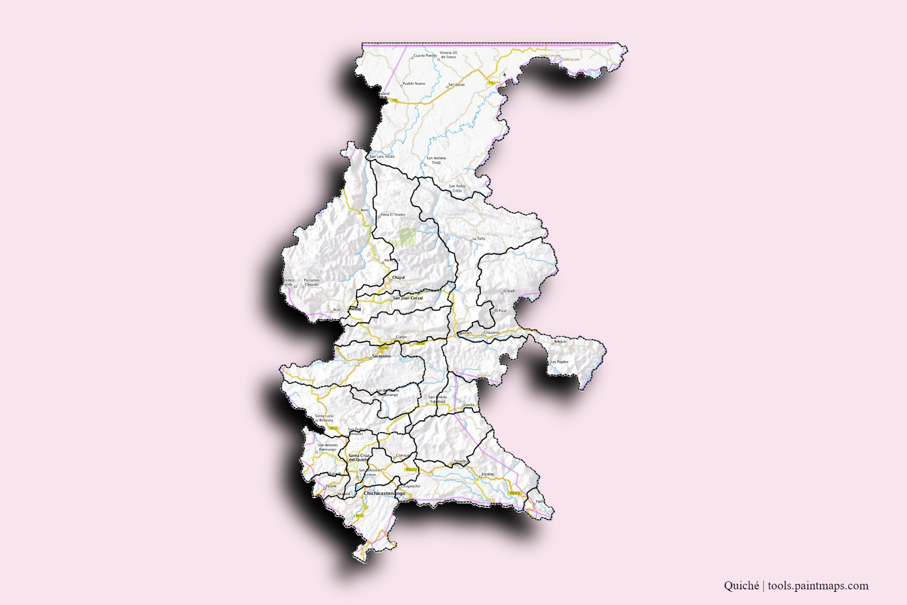 Mapa de Quiché y sus distritos con efecto de sombra 3D