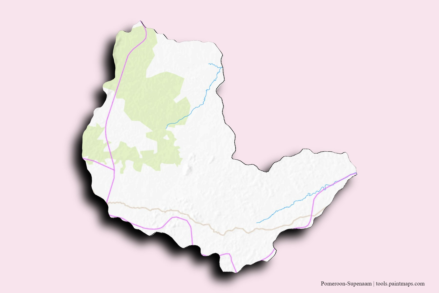 Mapa de Pomeroon-Supenaam y sus distritos con efecto de sombra 3D