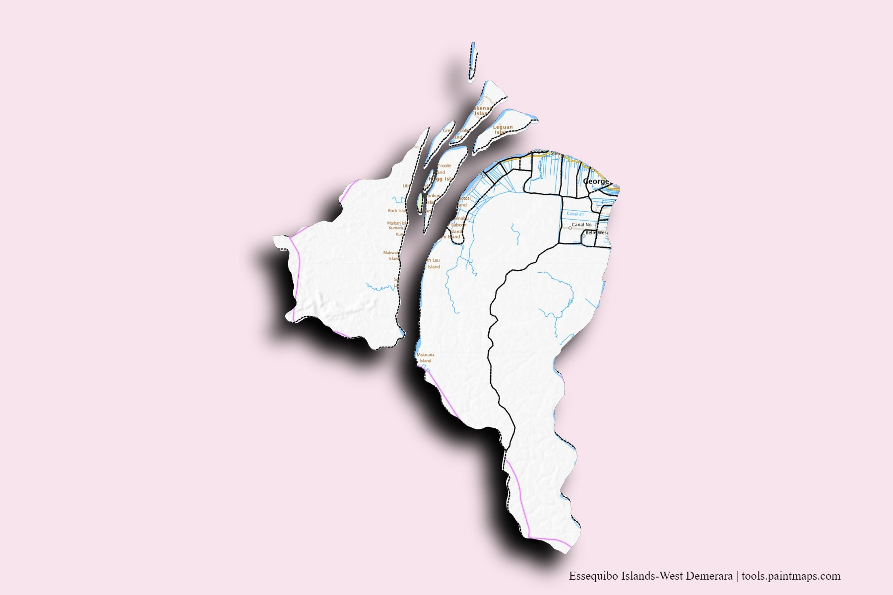 Mapa de Essequibo Islands-West Demerara y sus distritos con efecto de sombra 3D