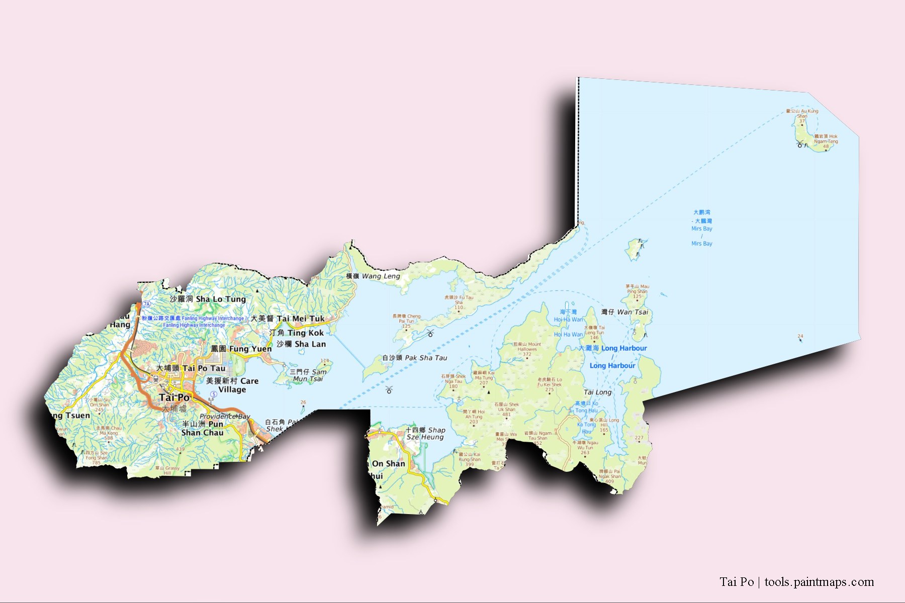 3D gölge efektli Tai Po ve ilçeleri haritası