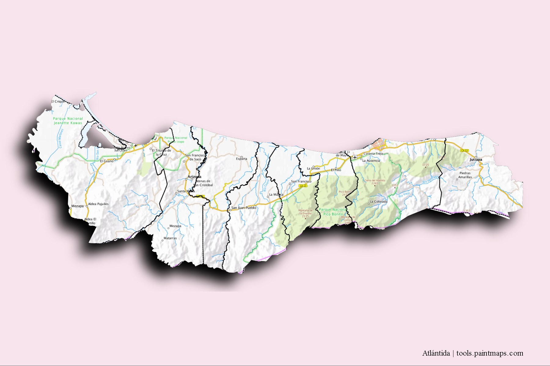 Mapa de Atlántida y sus distritos con efecto de sombra 3D