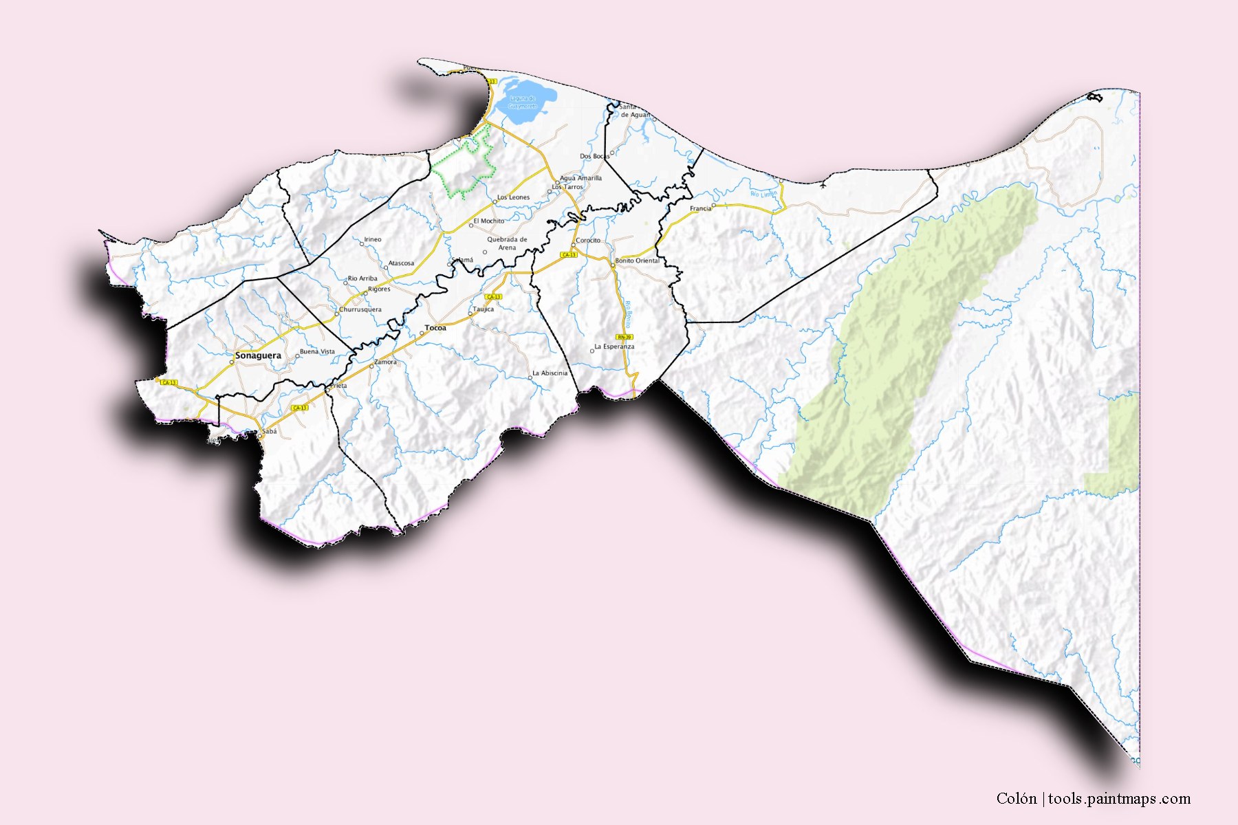 Colón and counties map with 3D shadow effect