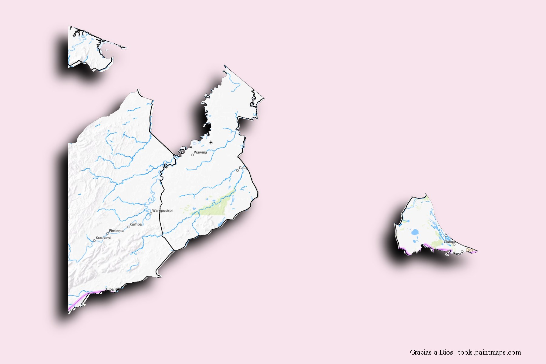 Gracias a Dios and counties map with 3D shadow effect