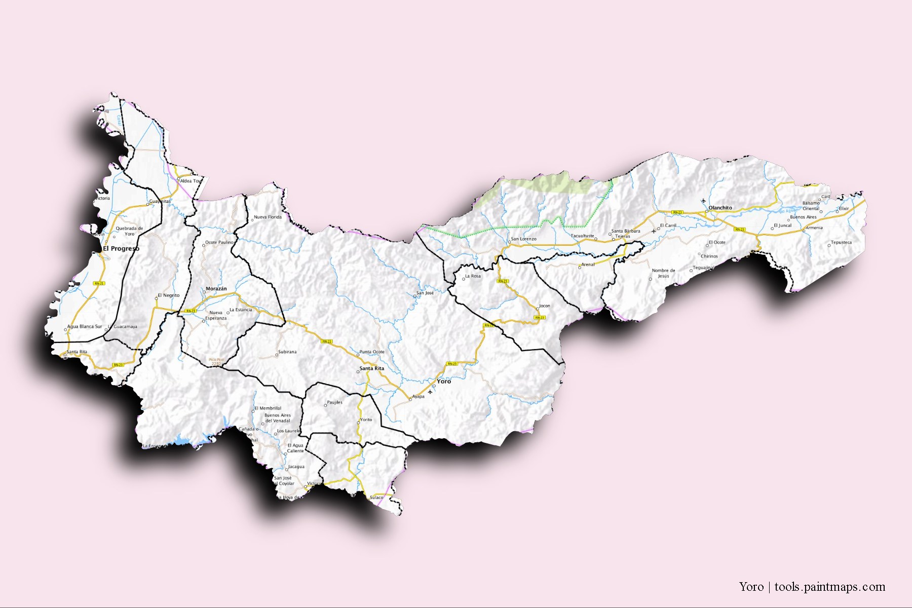 3D gölge efektli Yoro Departmanı ve ilçeleri haritası