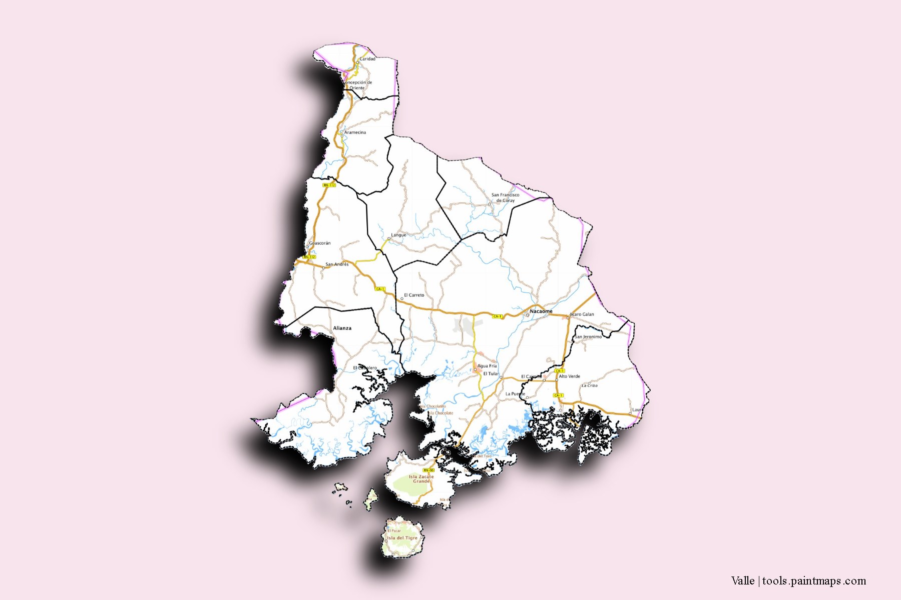 Valle and counties map with 3D shadow effect