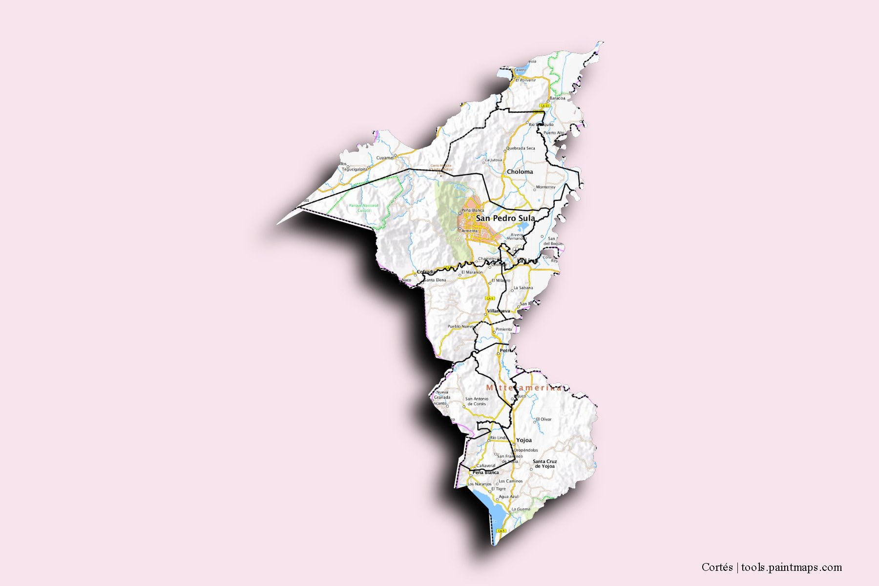 Mapa de Cortés y sus distritos con efecto de sombra 3D