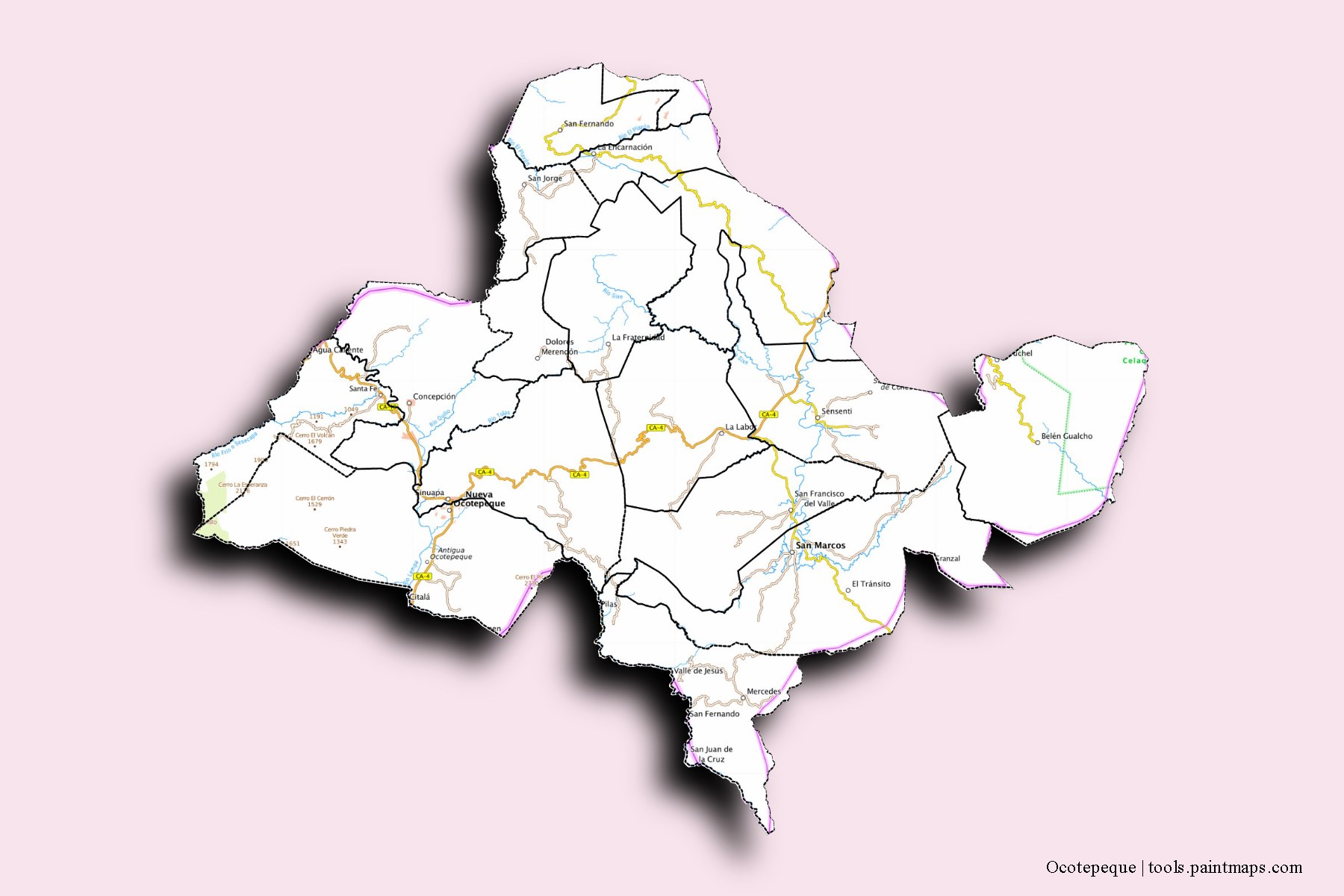Mapa de Ocotepeque y sus distritos con efecto de sombra 3D