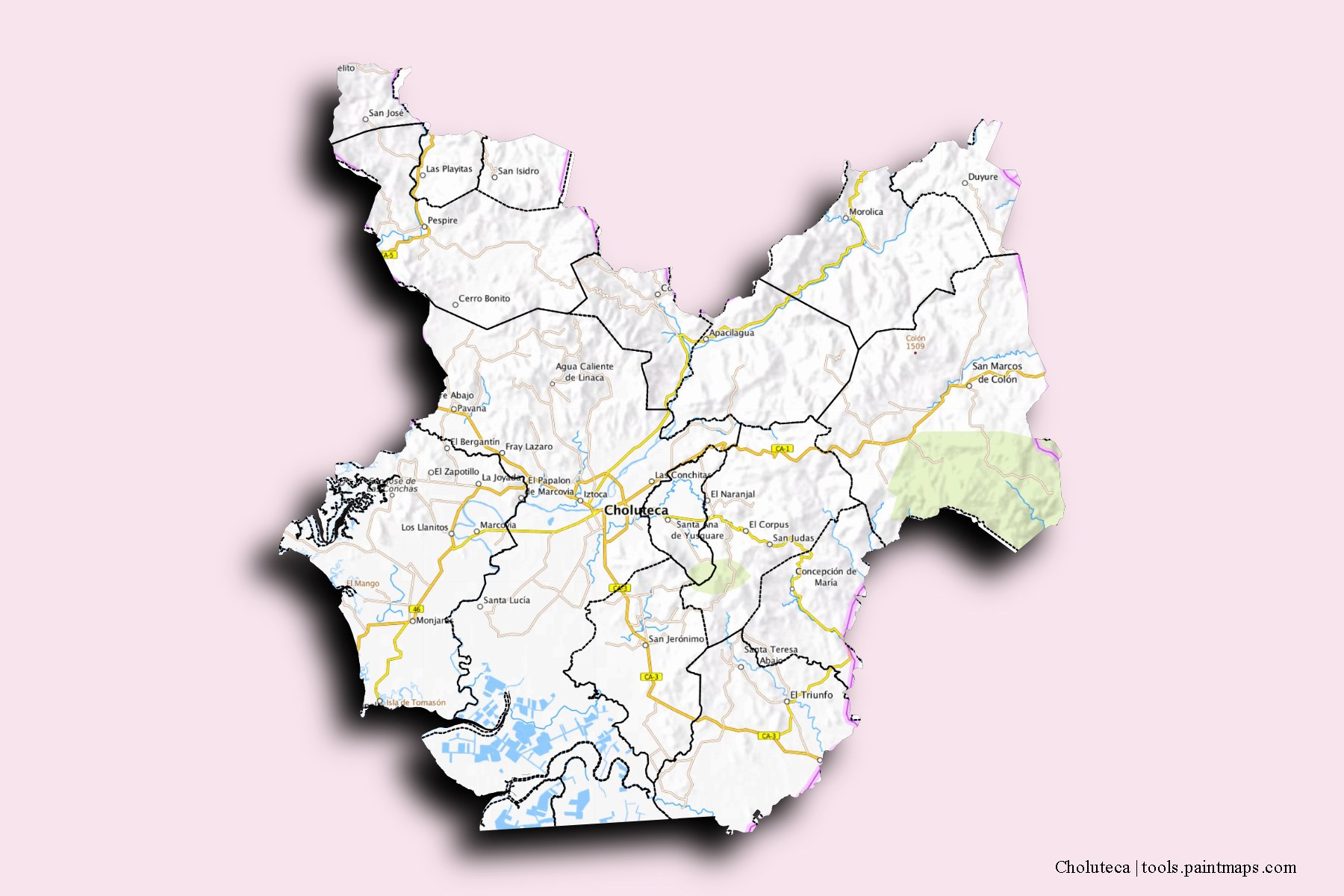 Mapa de Choluteca y sus distritos con efecto de sombra 3D