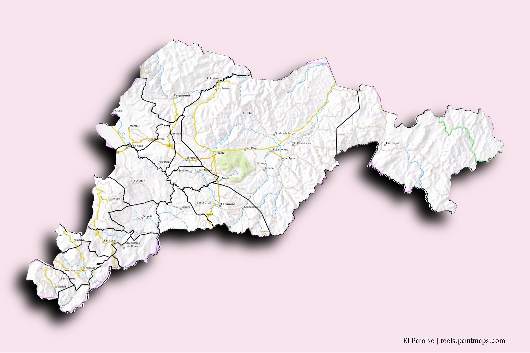 El Paraíso and counties map with 3D shadow effect