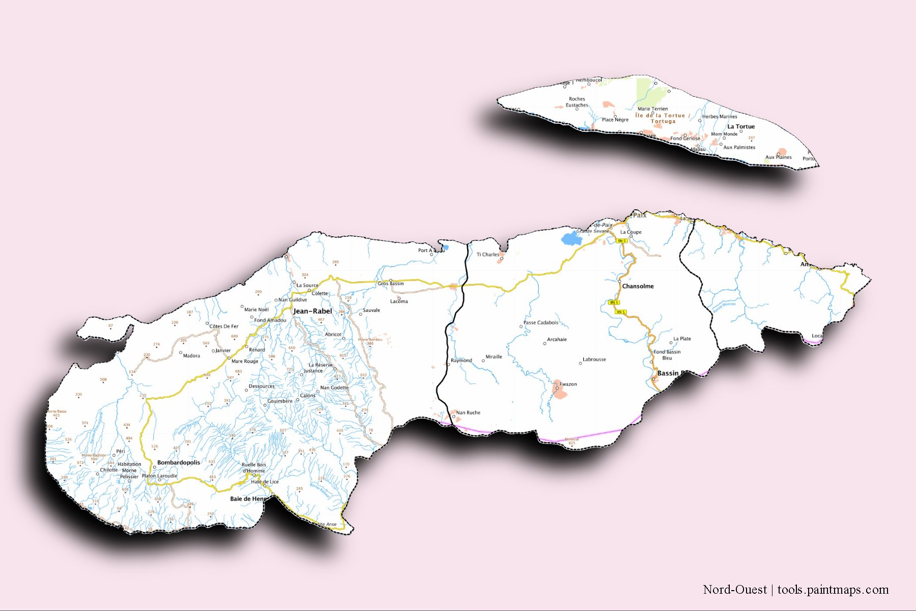 Nord-Ouest and counties map with 3D shadow effect