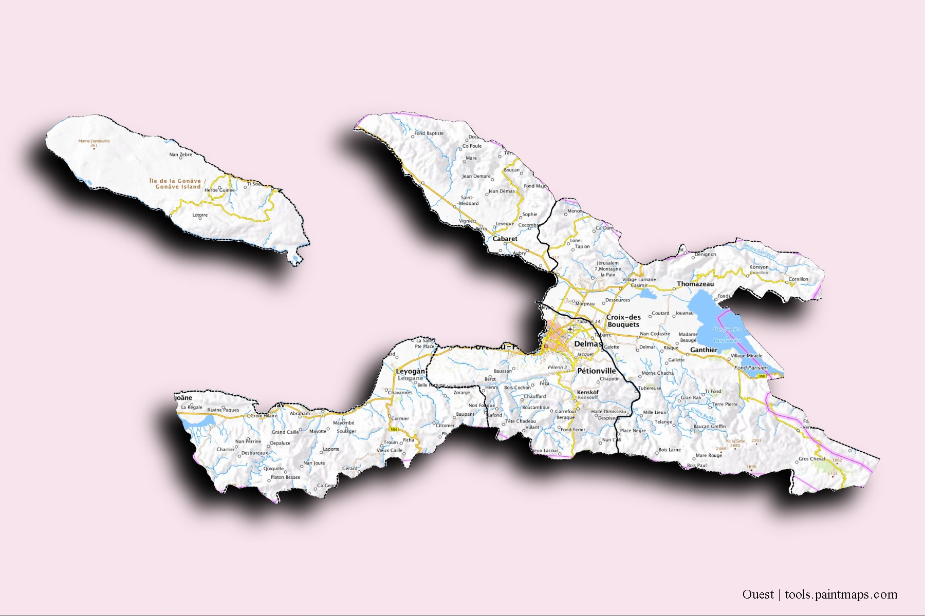 Ouest and counties map with 3D shadow effect