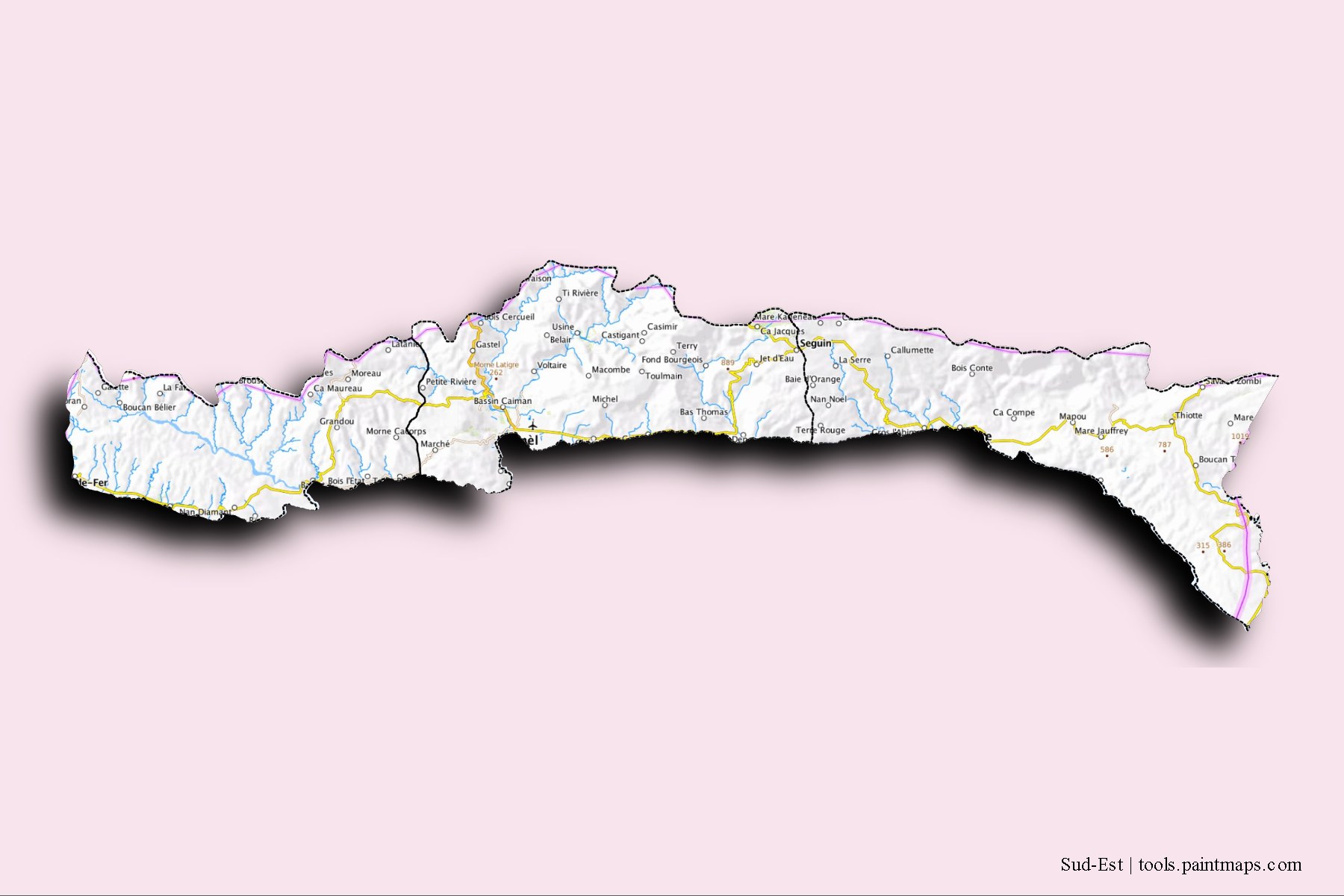 3D gölge efektli Sud-Est ve ilçeleri haritası