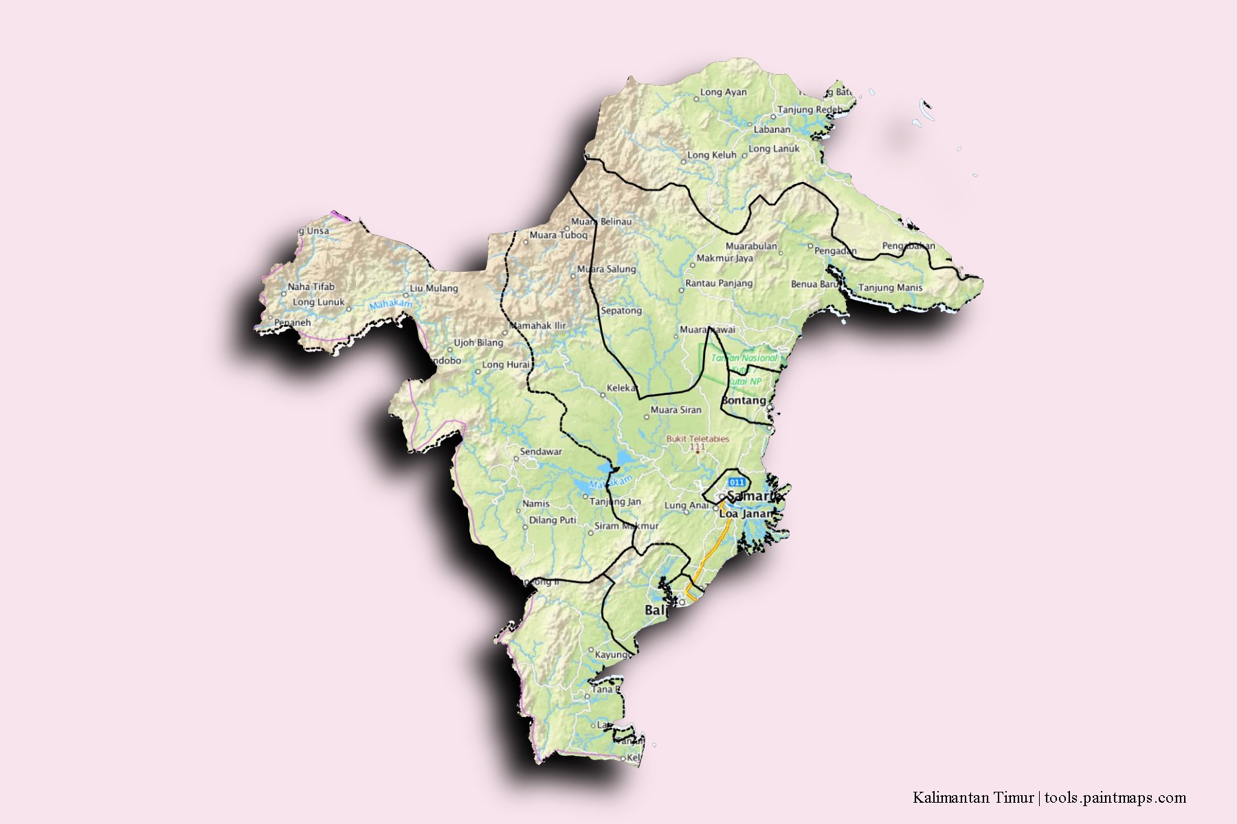 East Kalimantan and counties map with 3D shadow effect