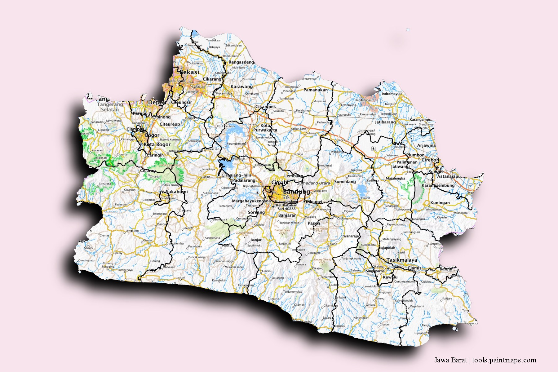 West Java and counties map with 3D shadow effect