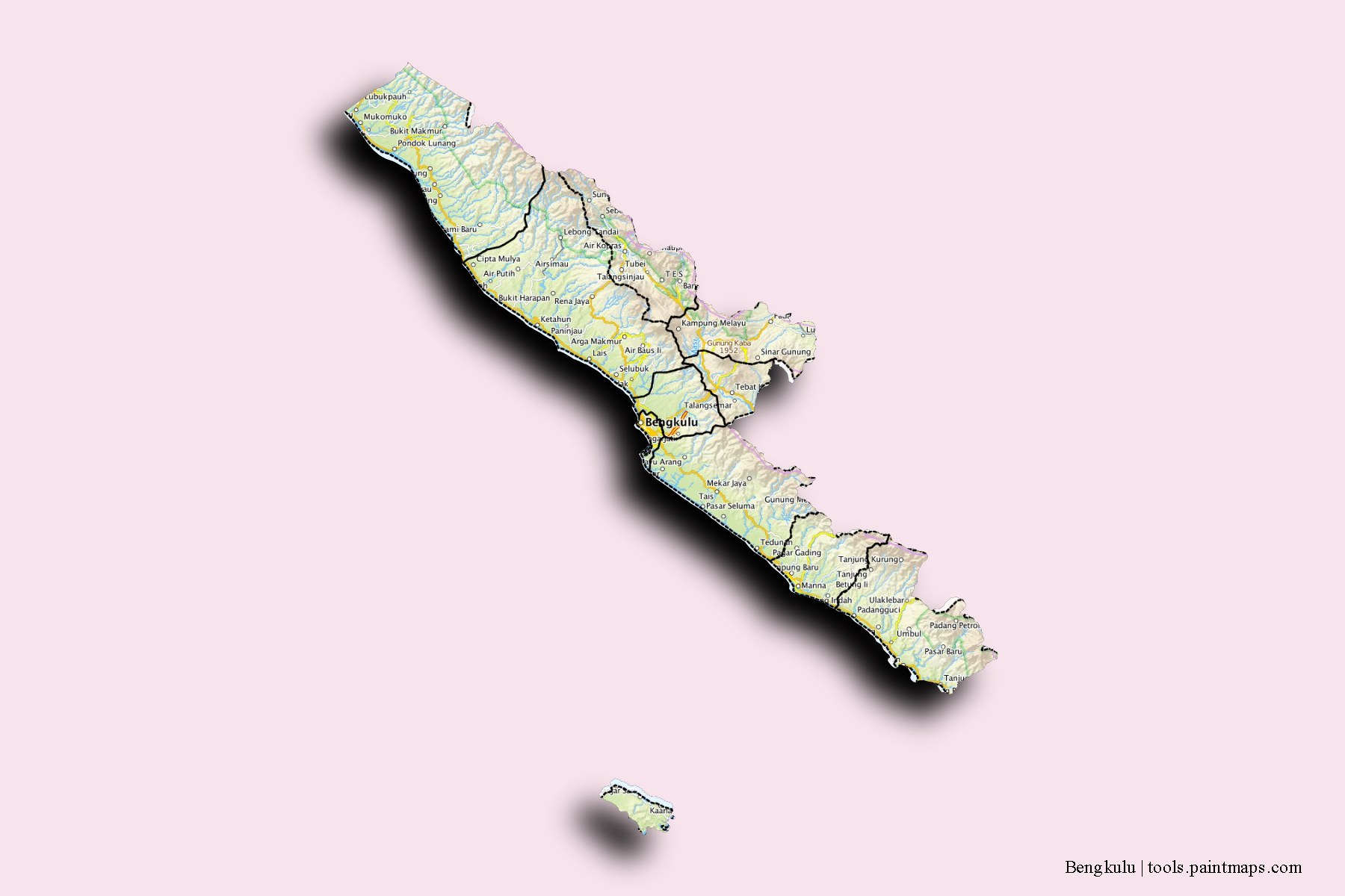 Mapa de Bengkulu y sus distritos con efecto de sombra 3D