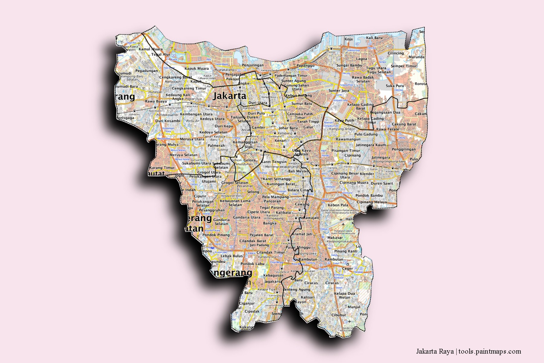 Jakarta and counties map with 3D shadow effect