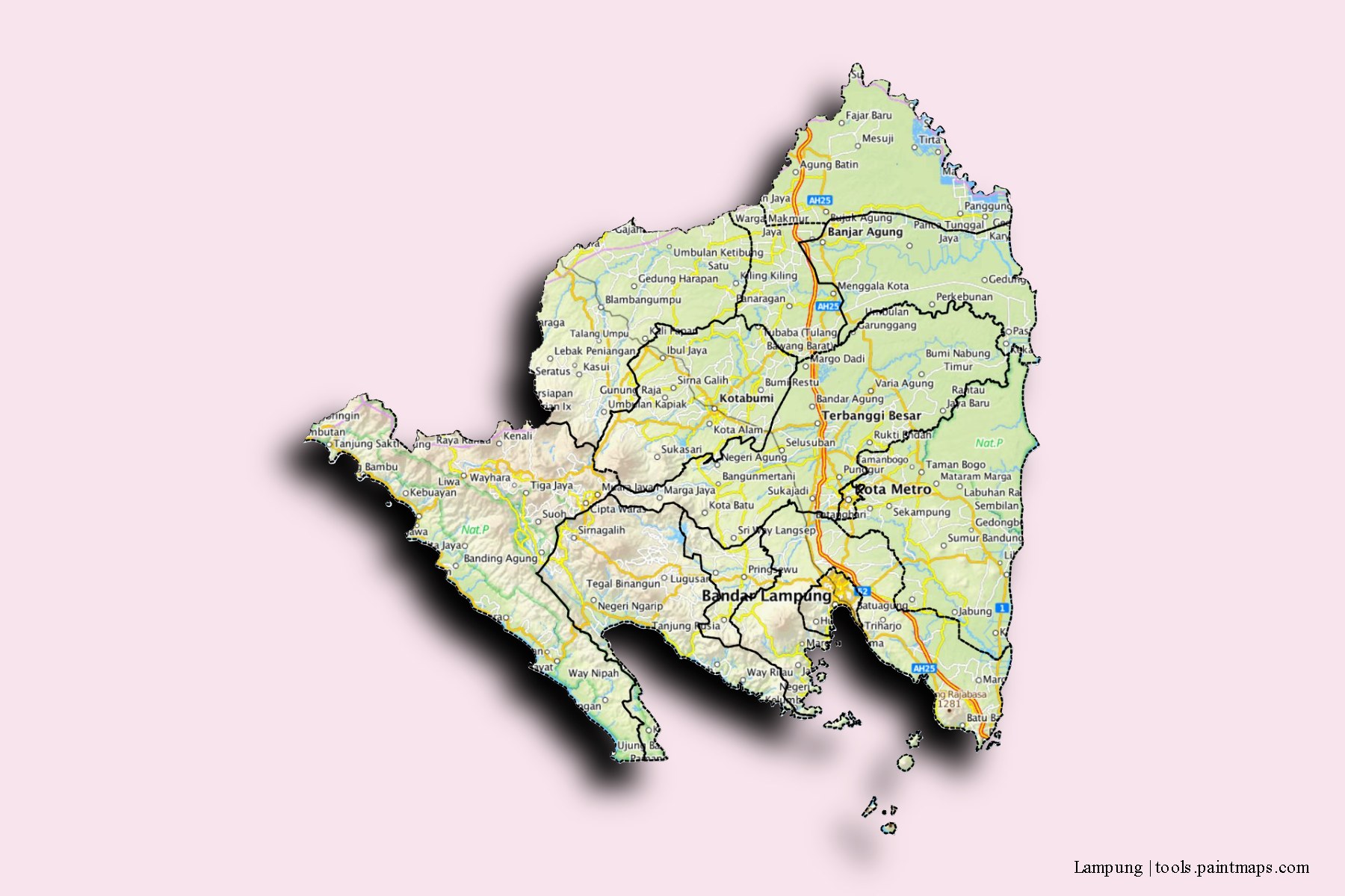 Lampung and counties map with 3D shadow effect