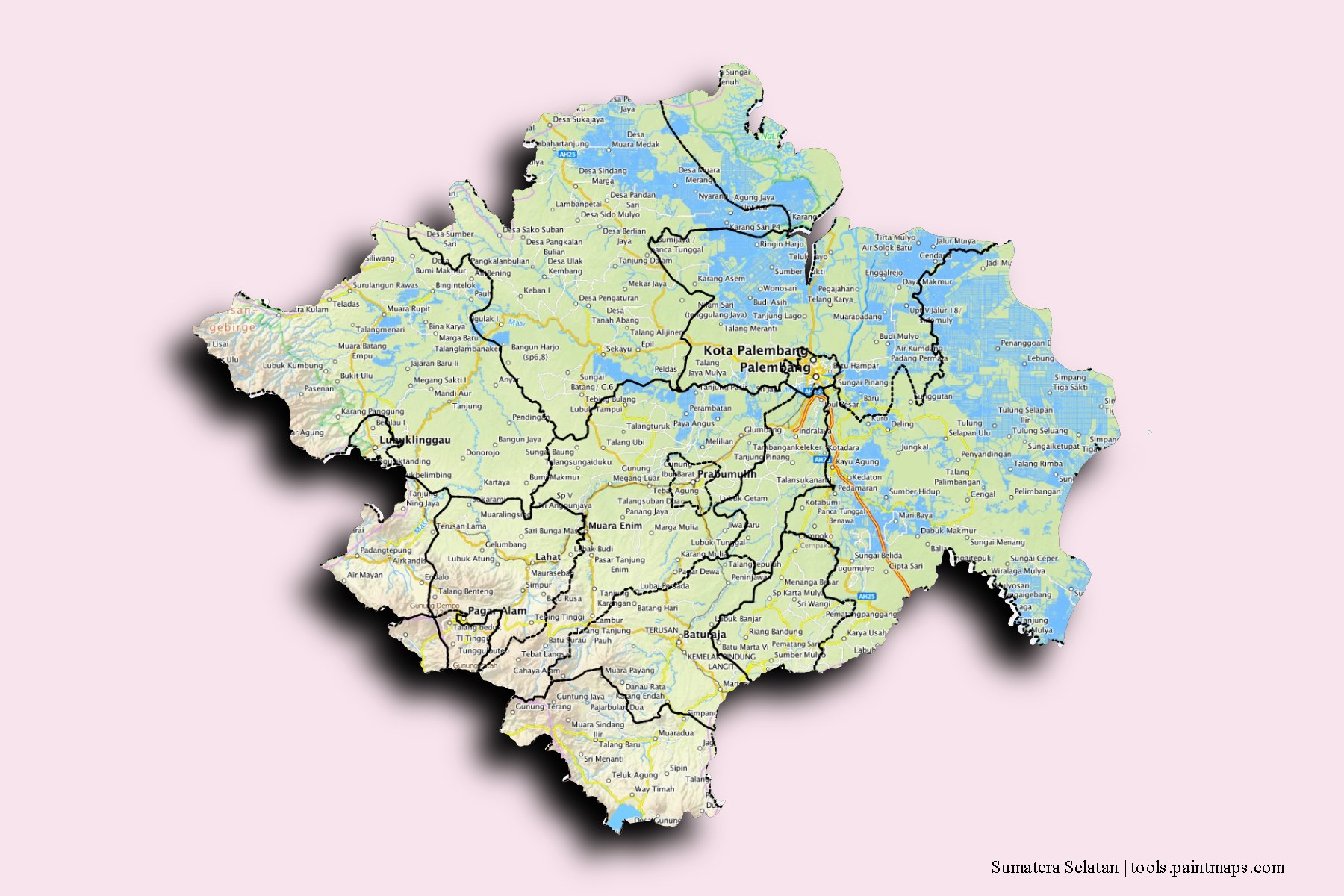 South Sumatra and counties map with 3D shadow effect