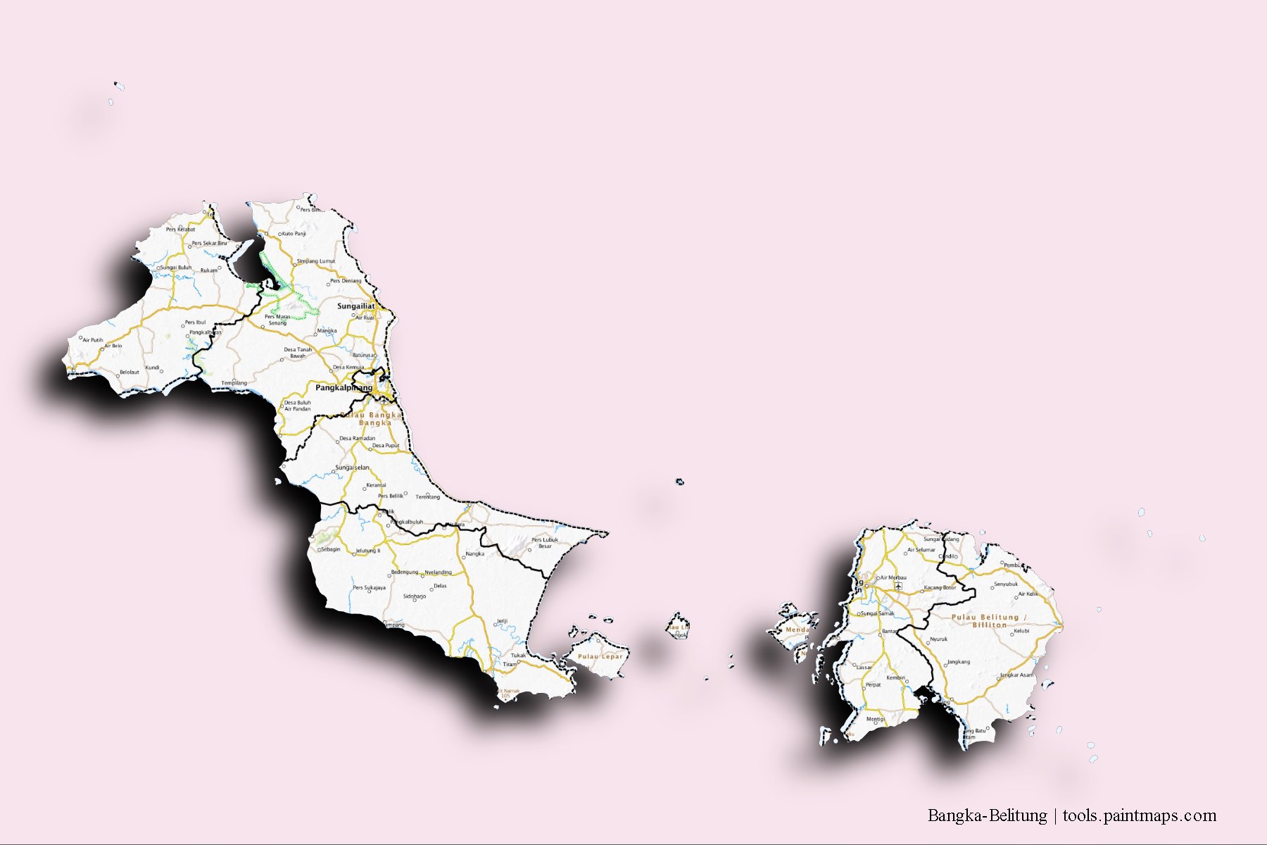 3D gölge efektli Bangka-Belitung ve ilçeleri haritası