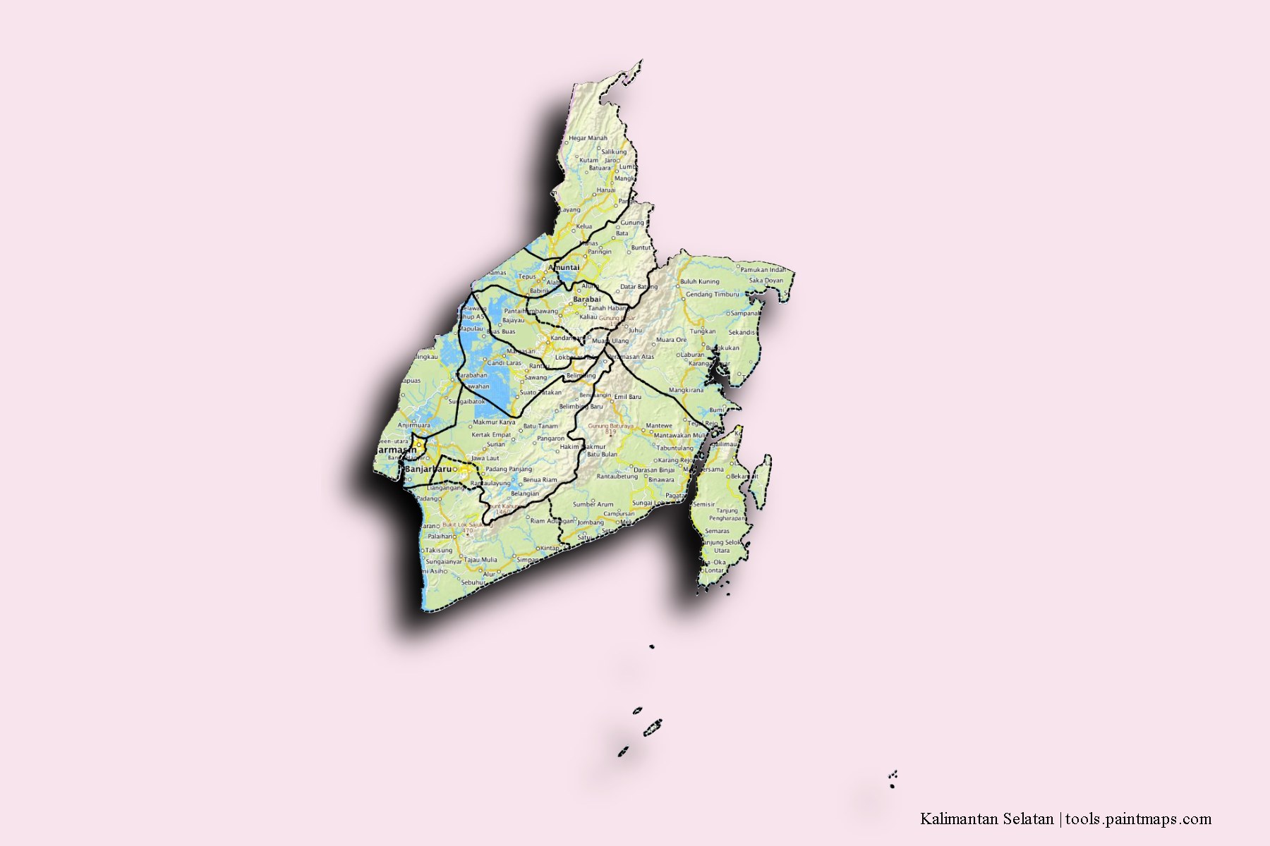 South Kalimantan and counties map with 3D shadow effect