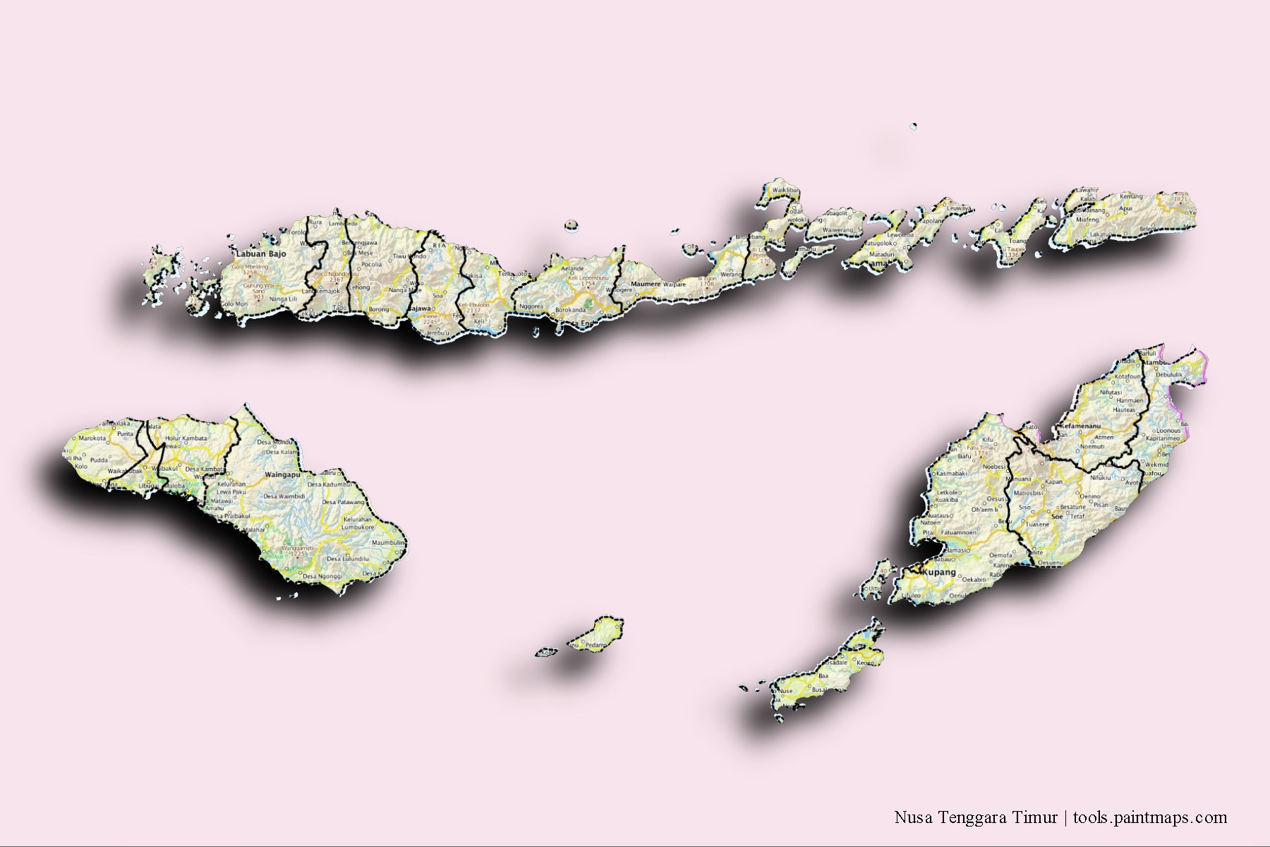 East Nusa Tenggara and counties map with 3D shadow effect