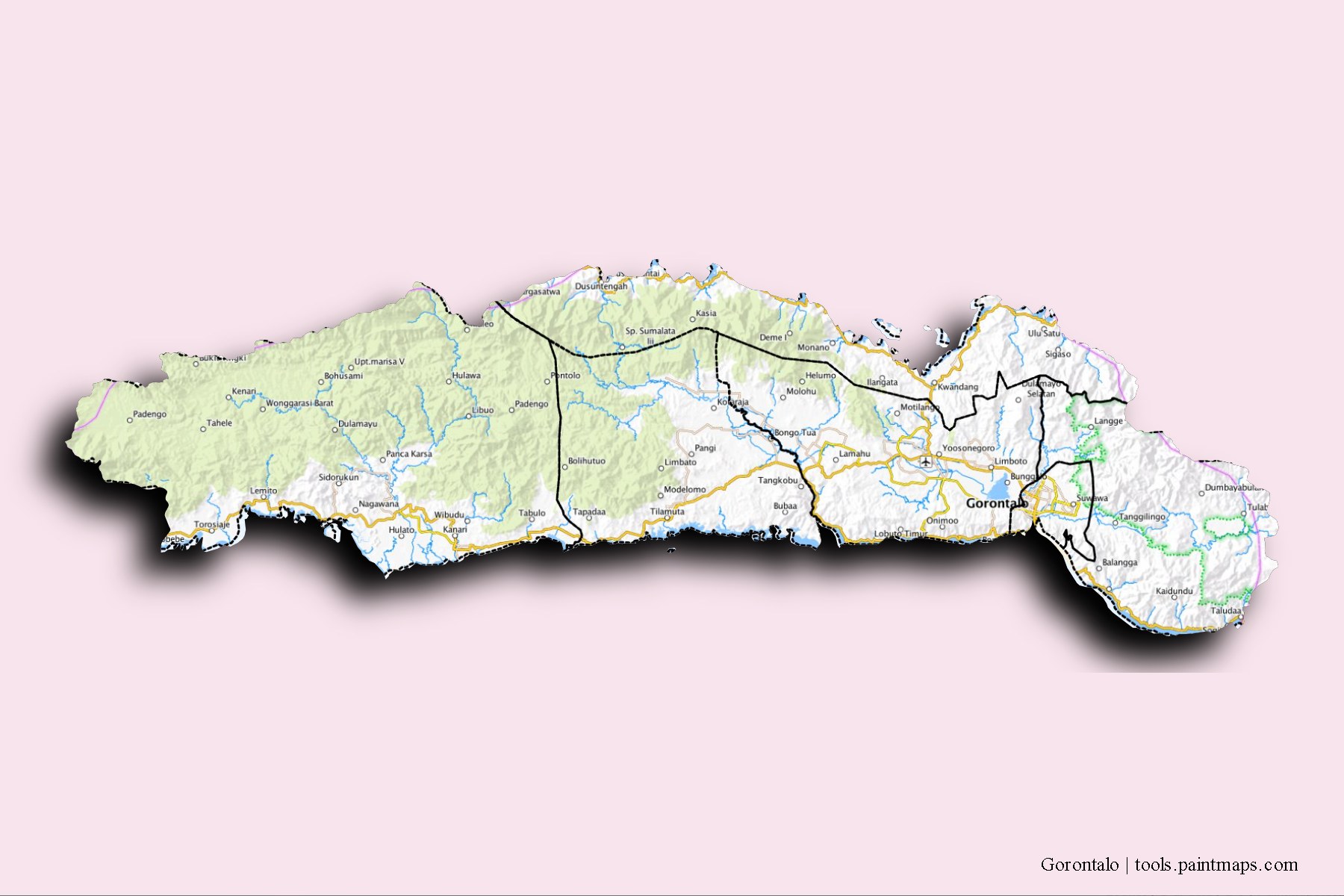 3D gölge efektli Gorontalo ve ilçeleri haritası