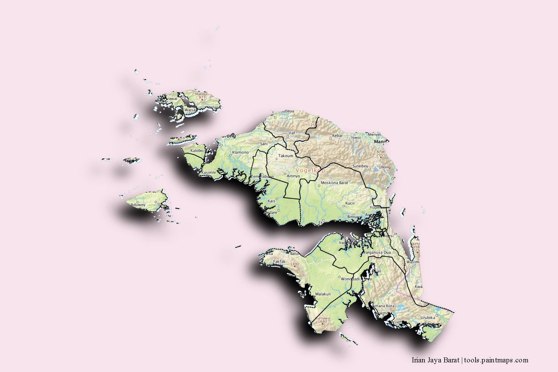 West Papua and counties map with 3D shadow effect