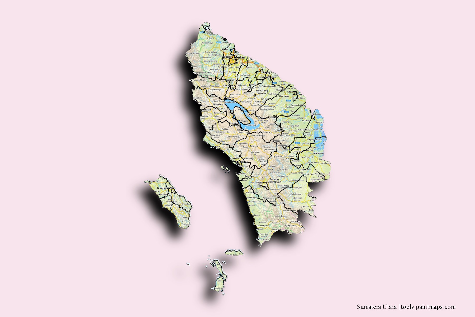 Mapa de Sumatera Utara y sus distritos con efecto de sombra 3D