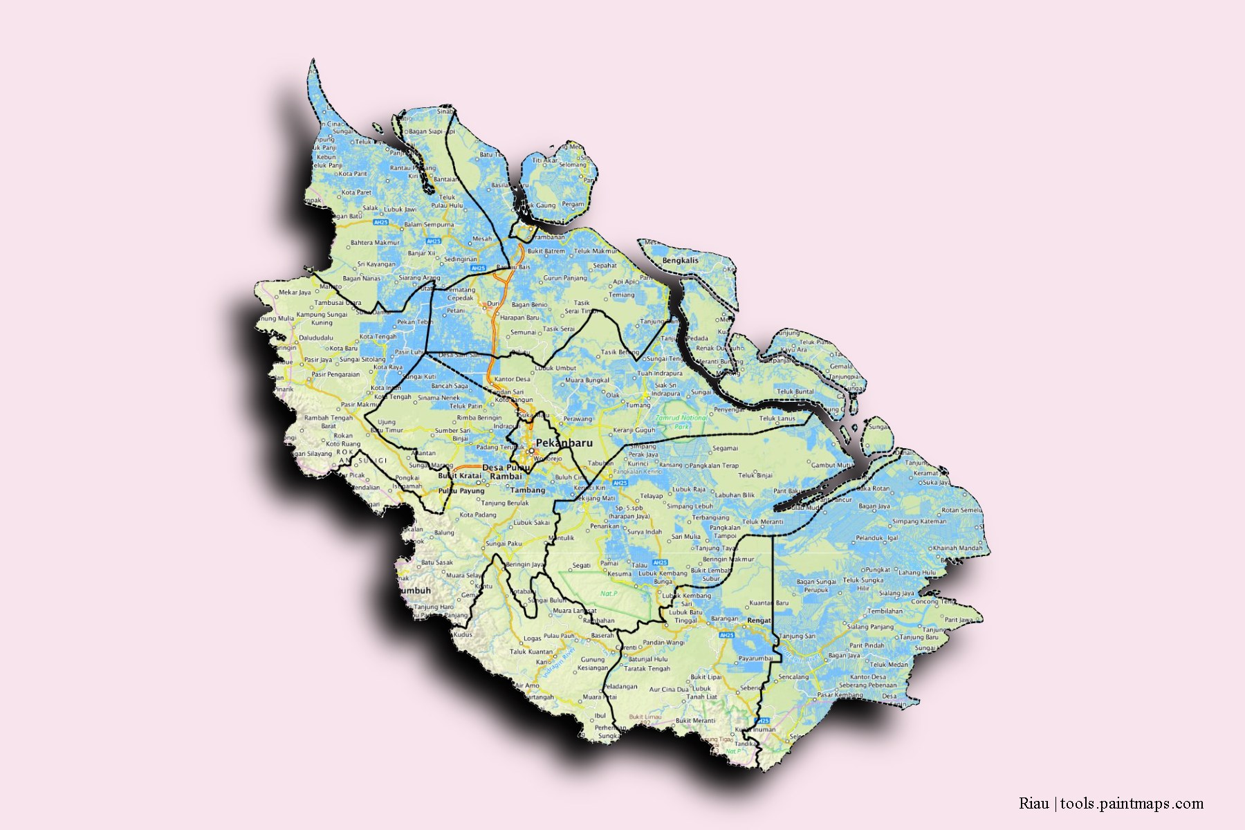 Riau and counties map with 3D shadow effect