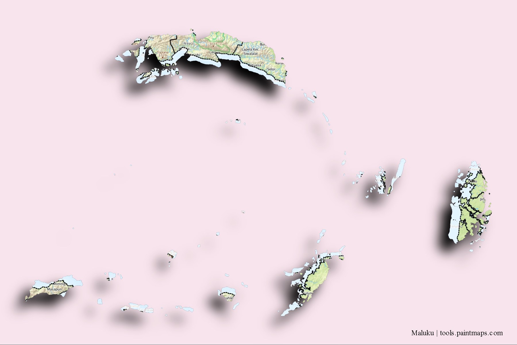 Maluku and counties map with 3D shadow effect