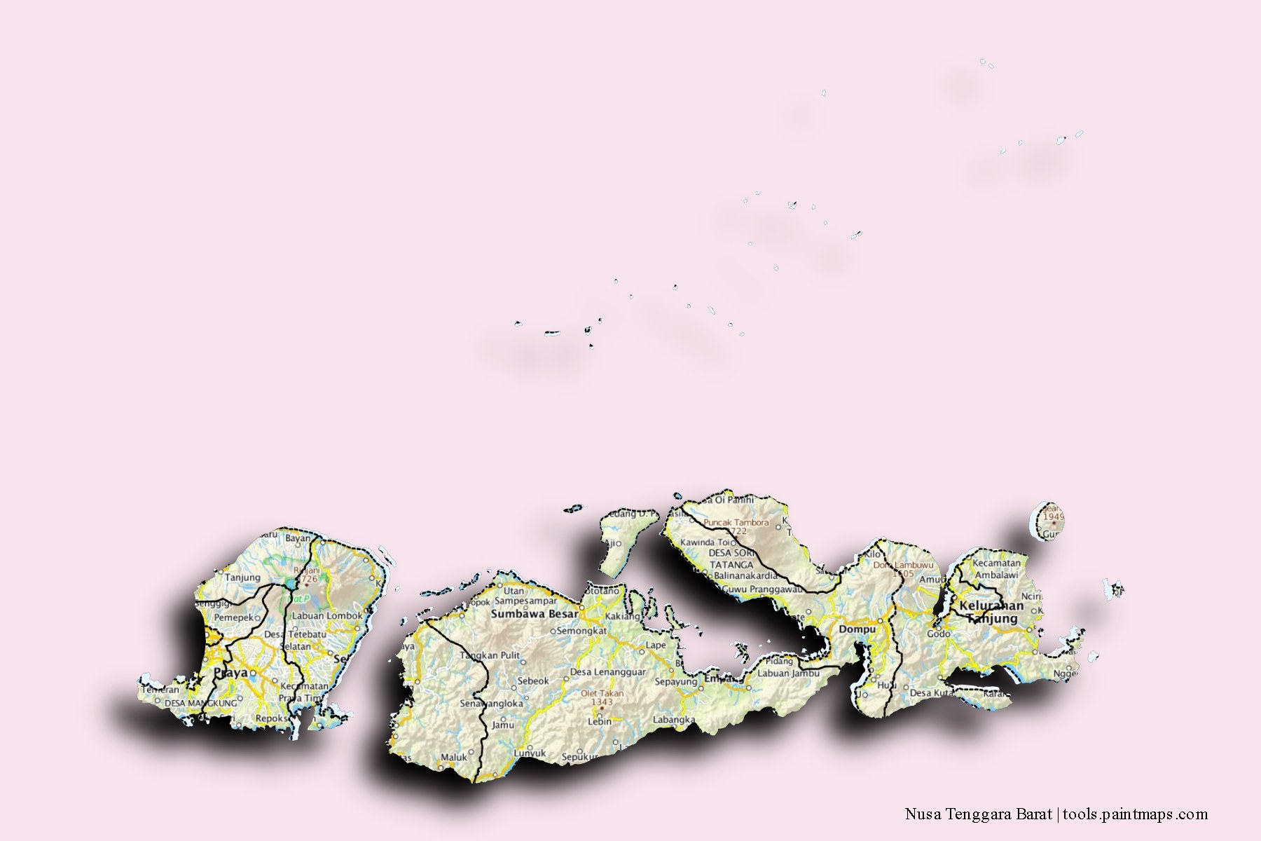 Mapa de Nusa Tenggara Barat y sus distritos con efecto de sombra 3D