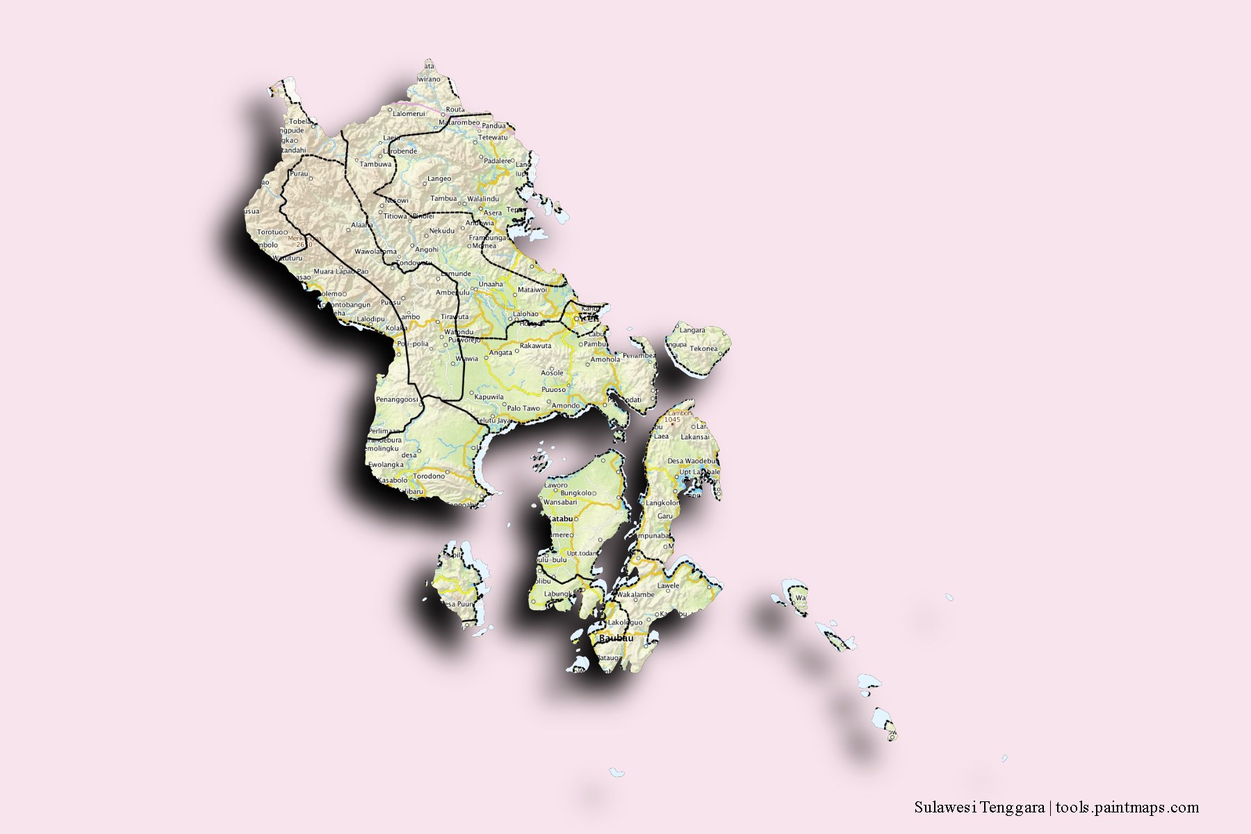 Southeast Sulawesi and counties map with 3D shadow effect