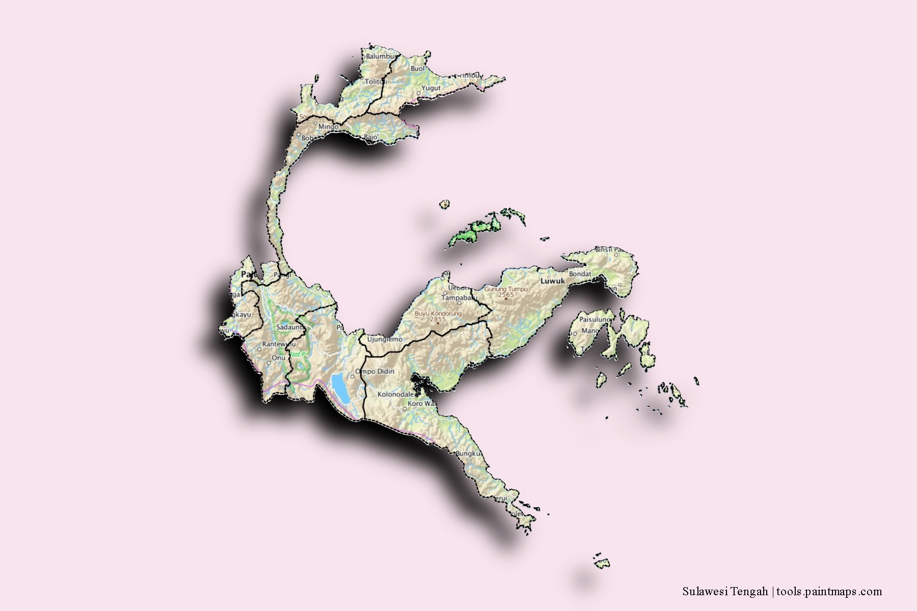 Mapa de Sulawesi Tengah y sus distritos con efecto de sombra 3D