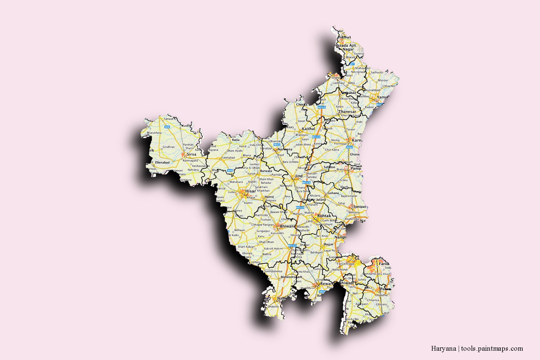 Haryana and counties map with 3D shadow effect