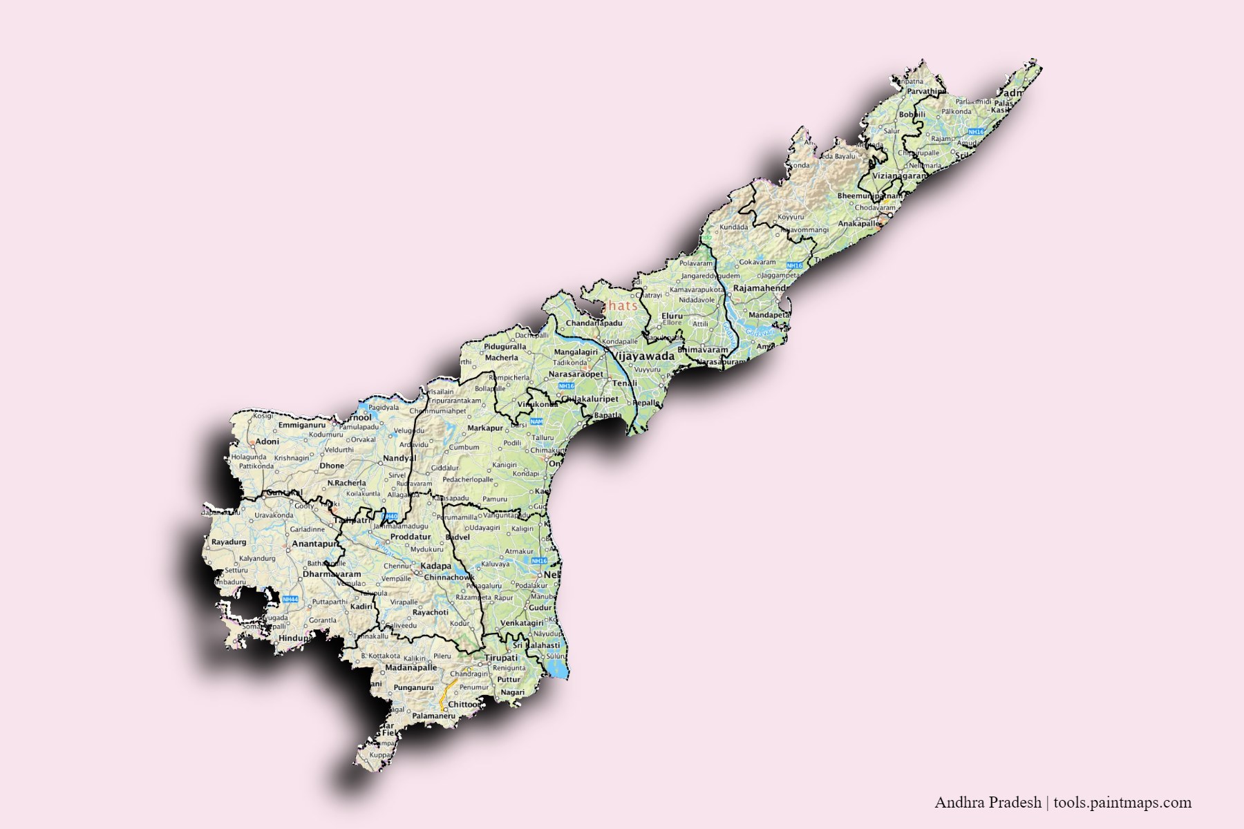 3D gölge efektli Andhra Pradeş ve ilçeleri haritası