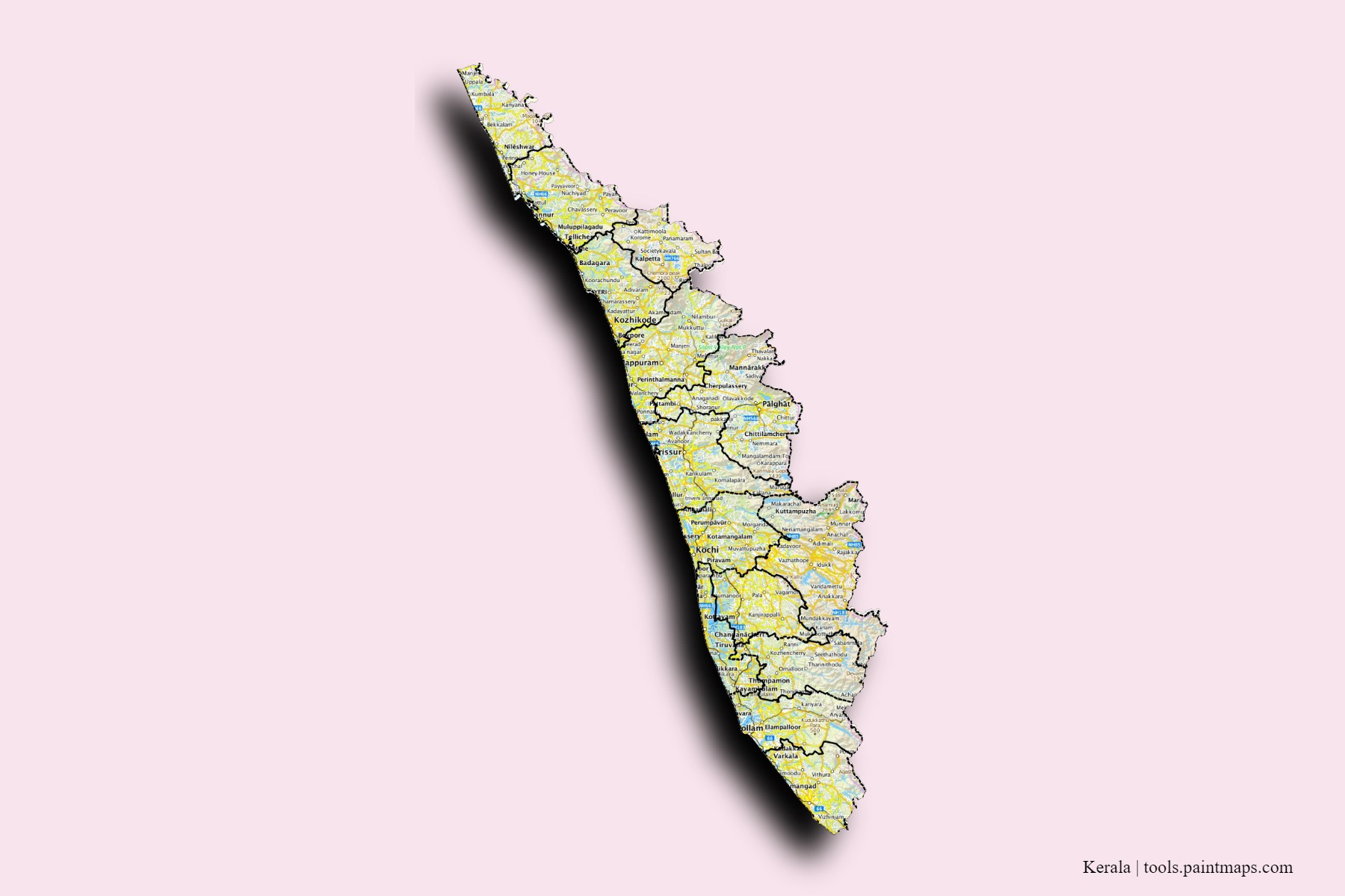 Kerala and counties map with 3D shadow effect