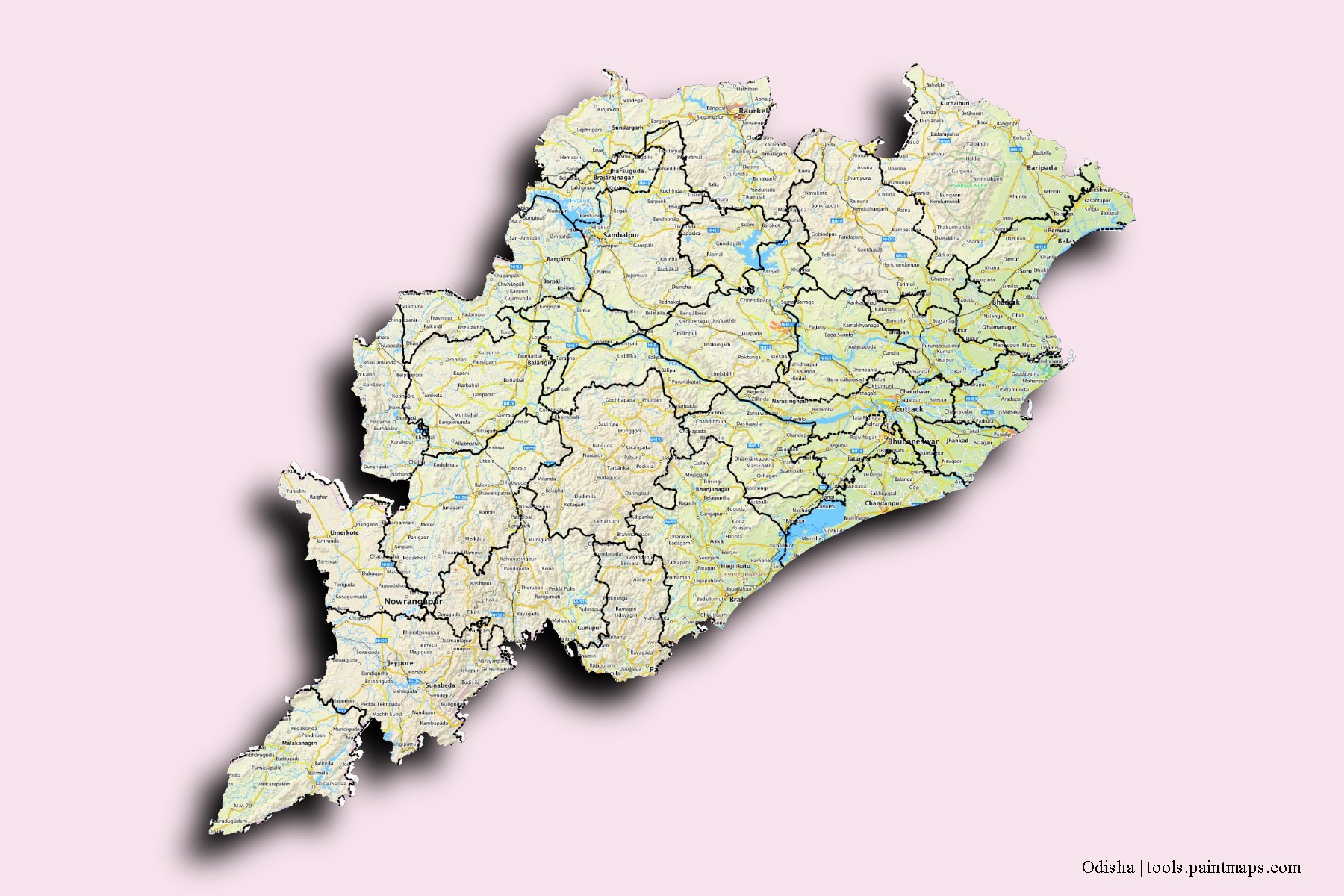 Odisha and counties map with 3D shadow effect